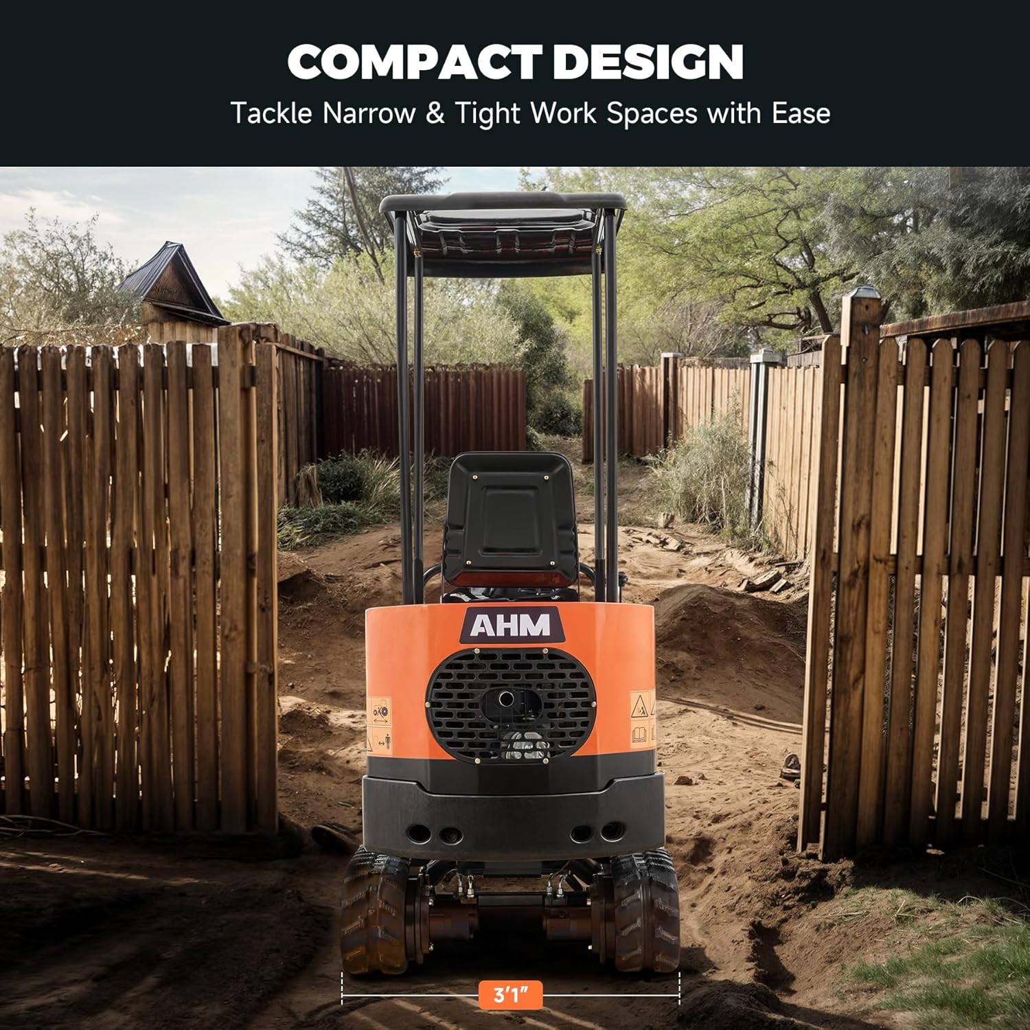 AHM Mini Excavator, 1 Ton Mini Digger with Hammer Auger Log Grapple Quick Hitch Grading Bucket & Rake Included, 13.5 hp Small Crawler Machine with Rain Canopy for Home Garden Farm Park Roadway Digging
