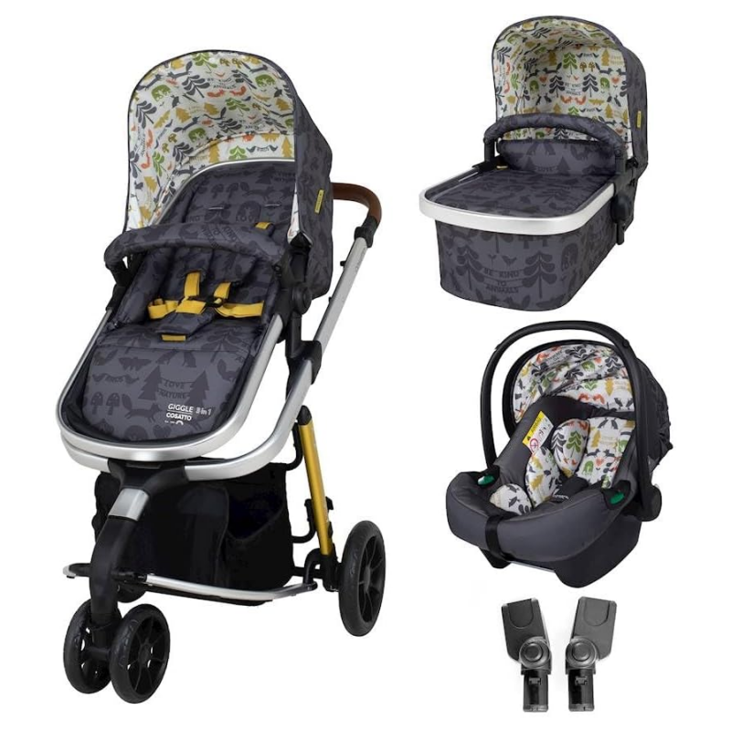 COSATTO GIGGLE 3 in 1 - A 3 in 1 Stroller with the trio - Cane Stroller, a Pram with a carrycot and an iSize baby car seat included, Lying Function and Accessories and Adapters