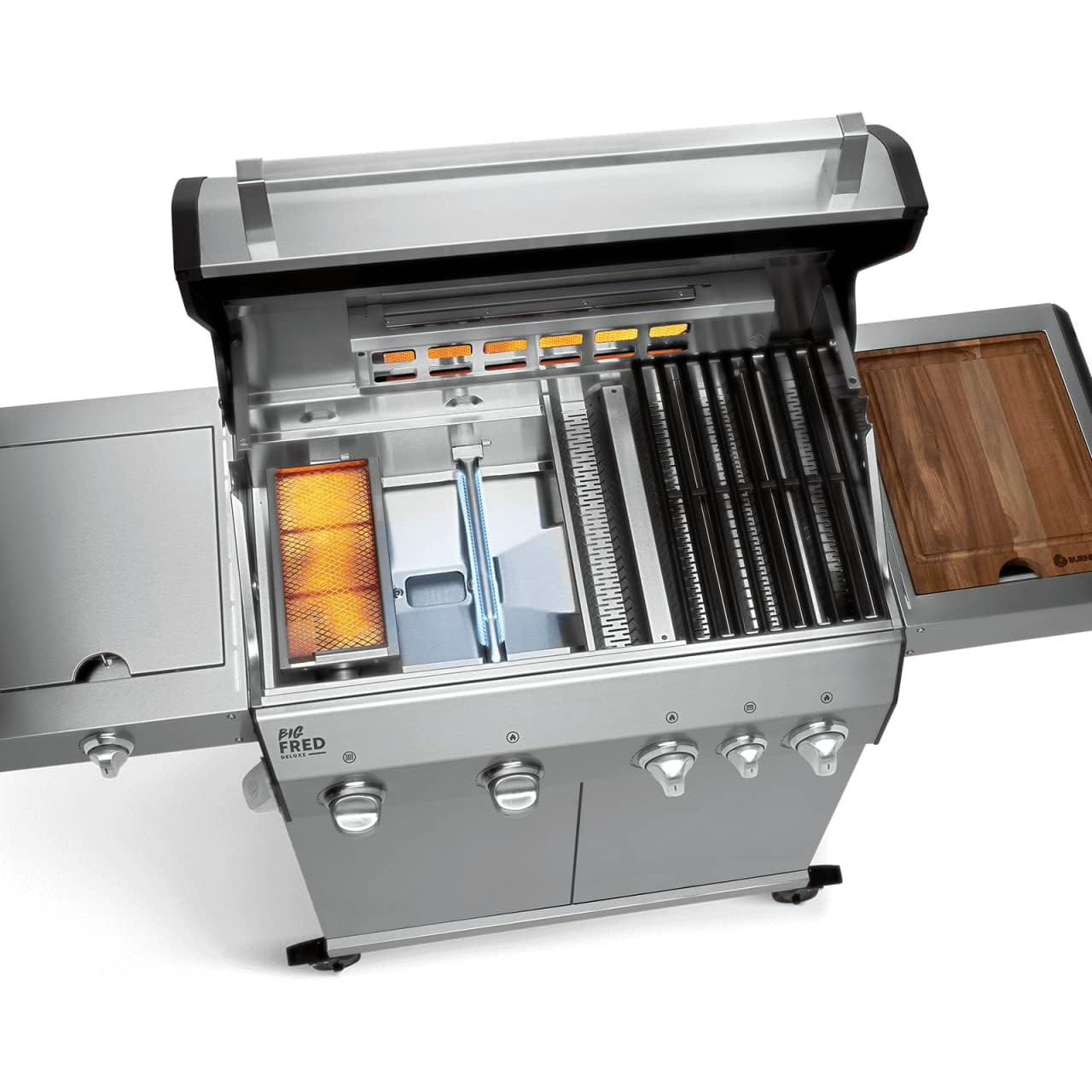 BURNHARD Big Fred Deluxe 4-Burner Gas Barbecue with Backburner, 900 °C Infrared Ceramic Burner, Side Hob, Cast Iron Cooking Grate, Grill Cover, Stainless Steel Grill Trolley + Folding Side Tables