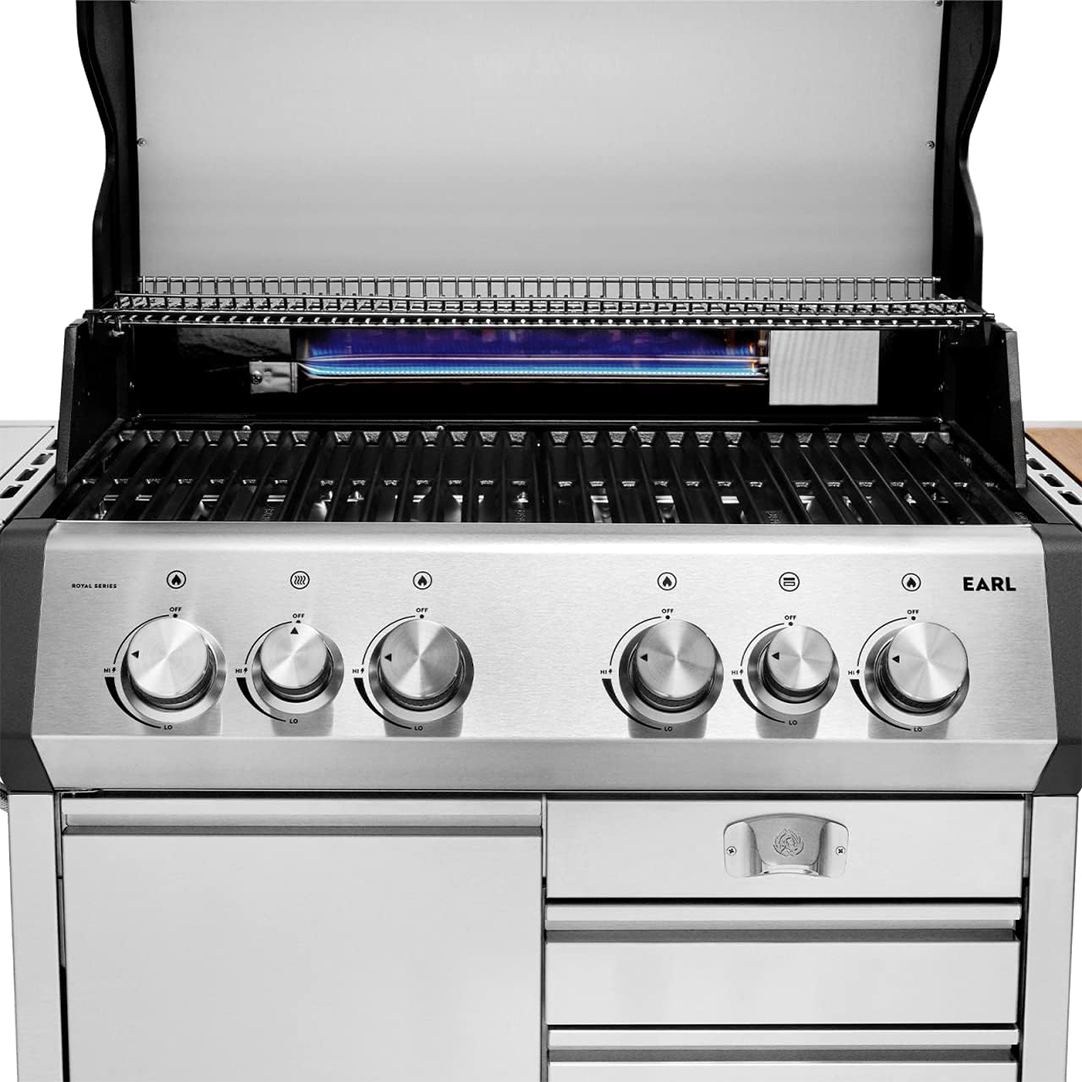 BURNHARD 4-Burner Gas Grill Earl, 23 kW Stainless Steel Grill Cart with Rear Burner, 900°C Ceramic Burner, Cast Iron Grill Grate, Drawers Includes Cover