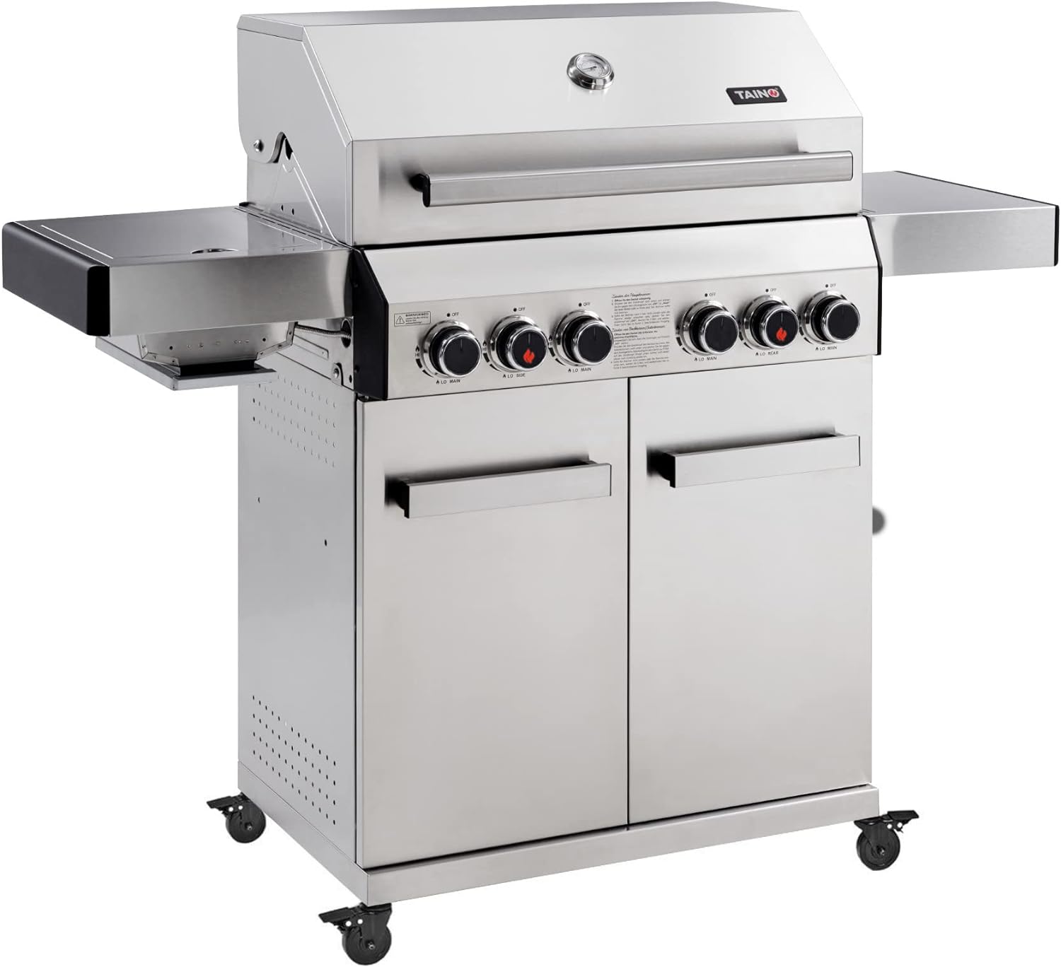TAINO Platinum 3+1 or 4+2 Gas Barbecue Rotating Spit Complete Stainless Steel New Premium Series 2019 BBQ Grill Trolley 3 Burner Side Cooker Piezo Ignition
