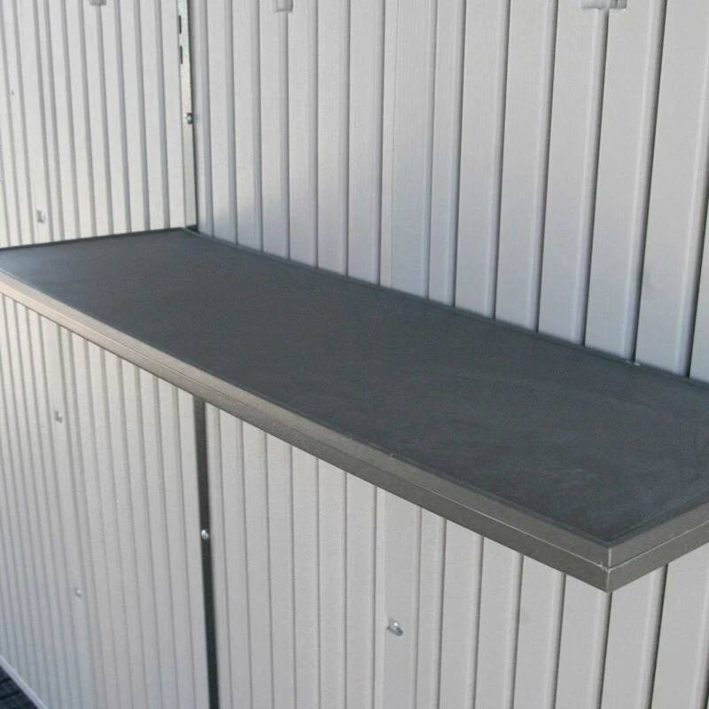 8 feet. Width x 10 feet. D plastic traditional storage shed