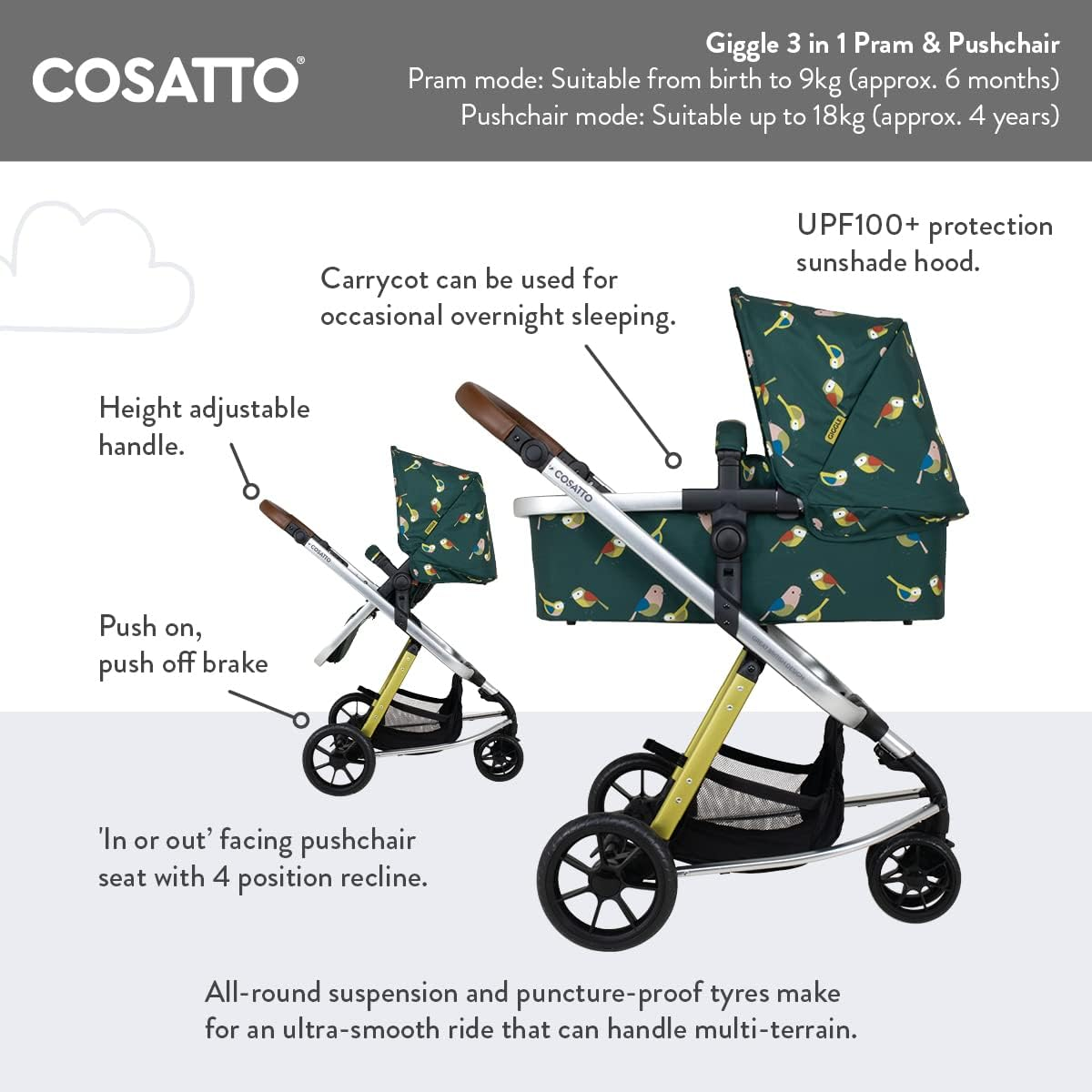 COSATTO GIGGLE 3 in 1 - A 3 in 1 Stroller with the trio - Cane Stroller, a Pram with a carrycot and an iSize baby car seat included, Lying Function and Accessories and Adapters