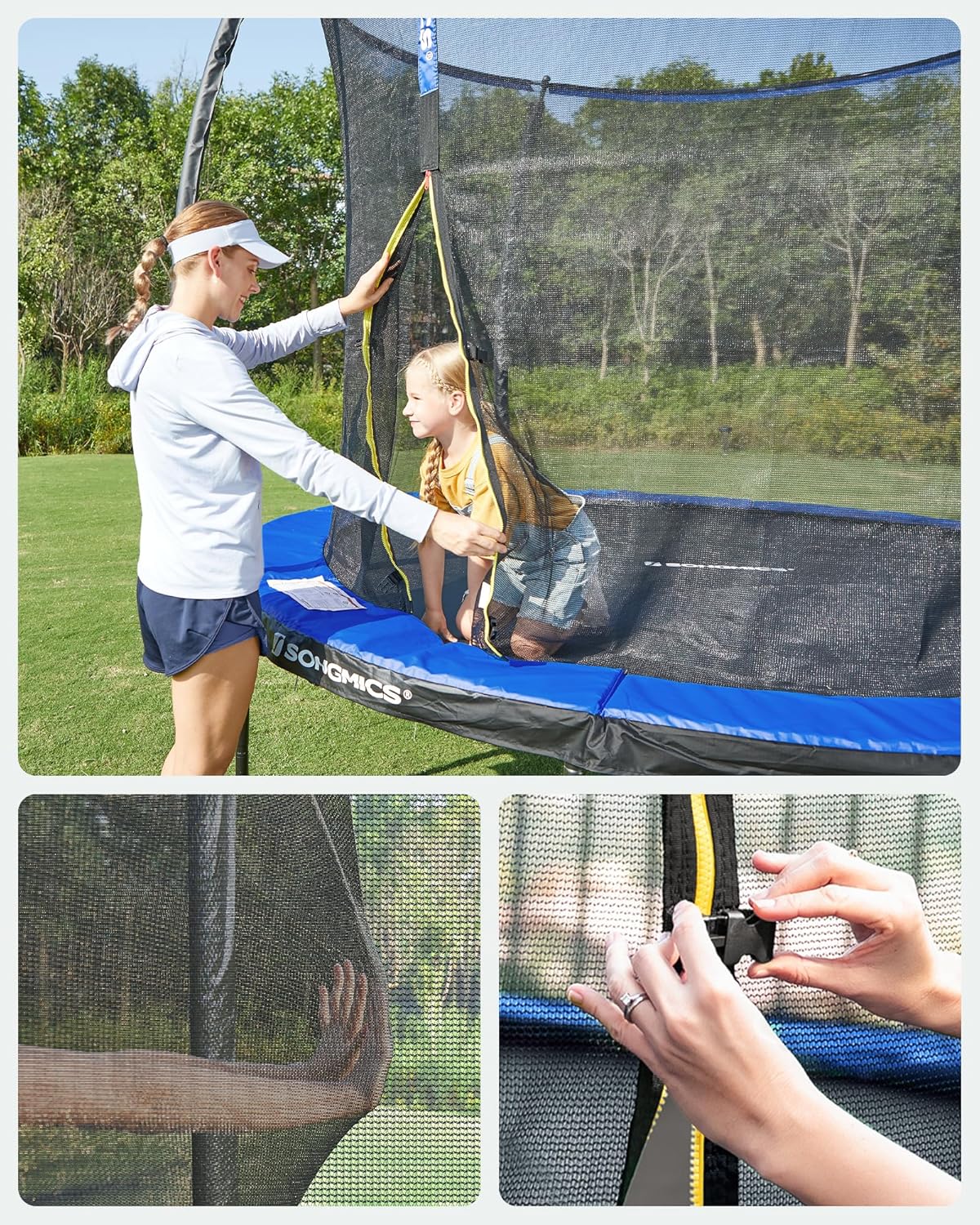 SONGMICS Trampolin Outdoor Ø 366 cm, rundes Gartentrampolin für Kinder mit Sicherheitsnetz, Randabdeckung, Leiter und gepolsterten Stangen