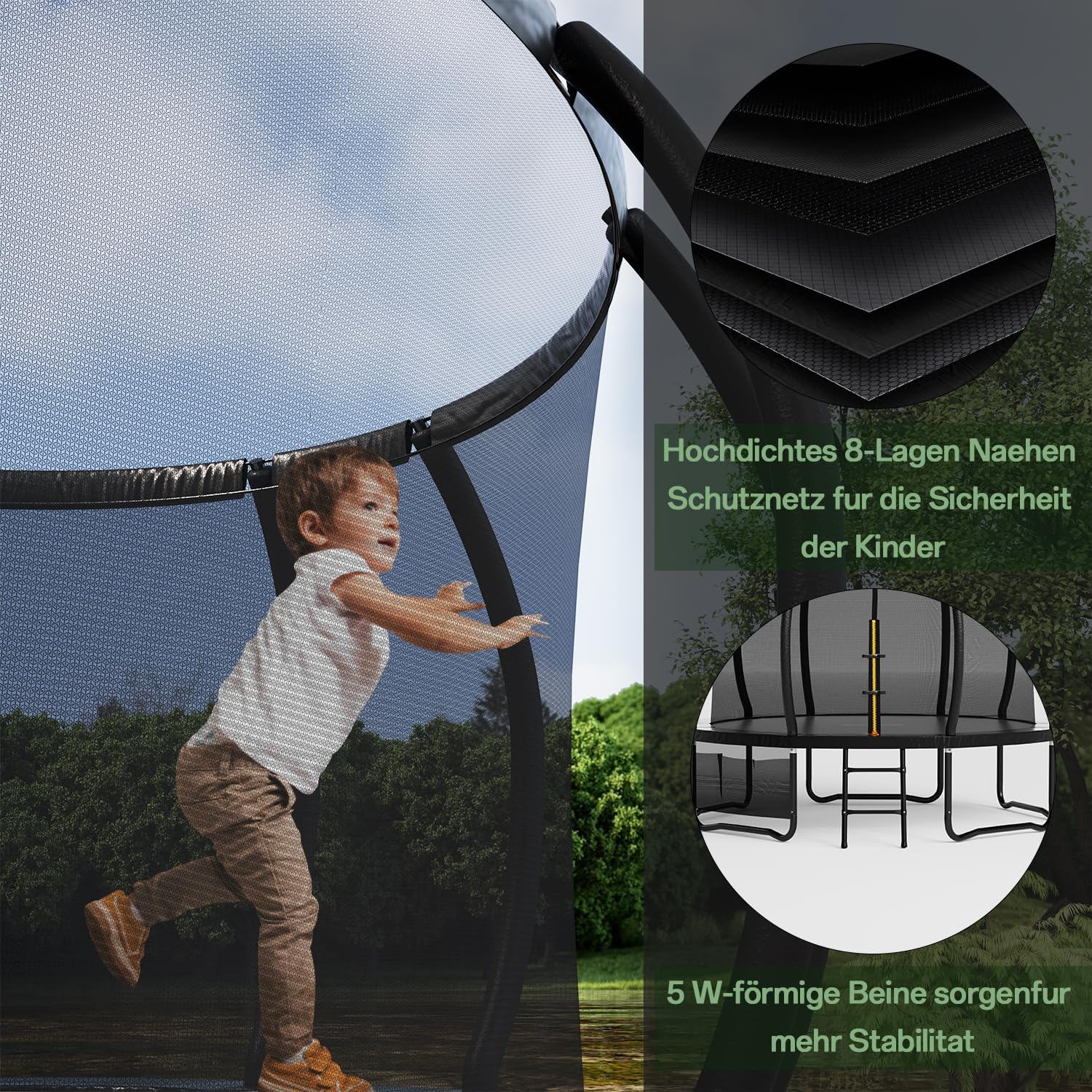 Flamaker Trampolin Outdoor Kinder, Gartentrampolin Ø 366/427cm mit Netz, Bodenanker, Stabile Rahmenkonstruktion, Wetterfest und rostfrei, Outdoor Trampolin für Kinder & Erwachsene Belastbarkeit 160kg