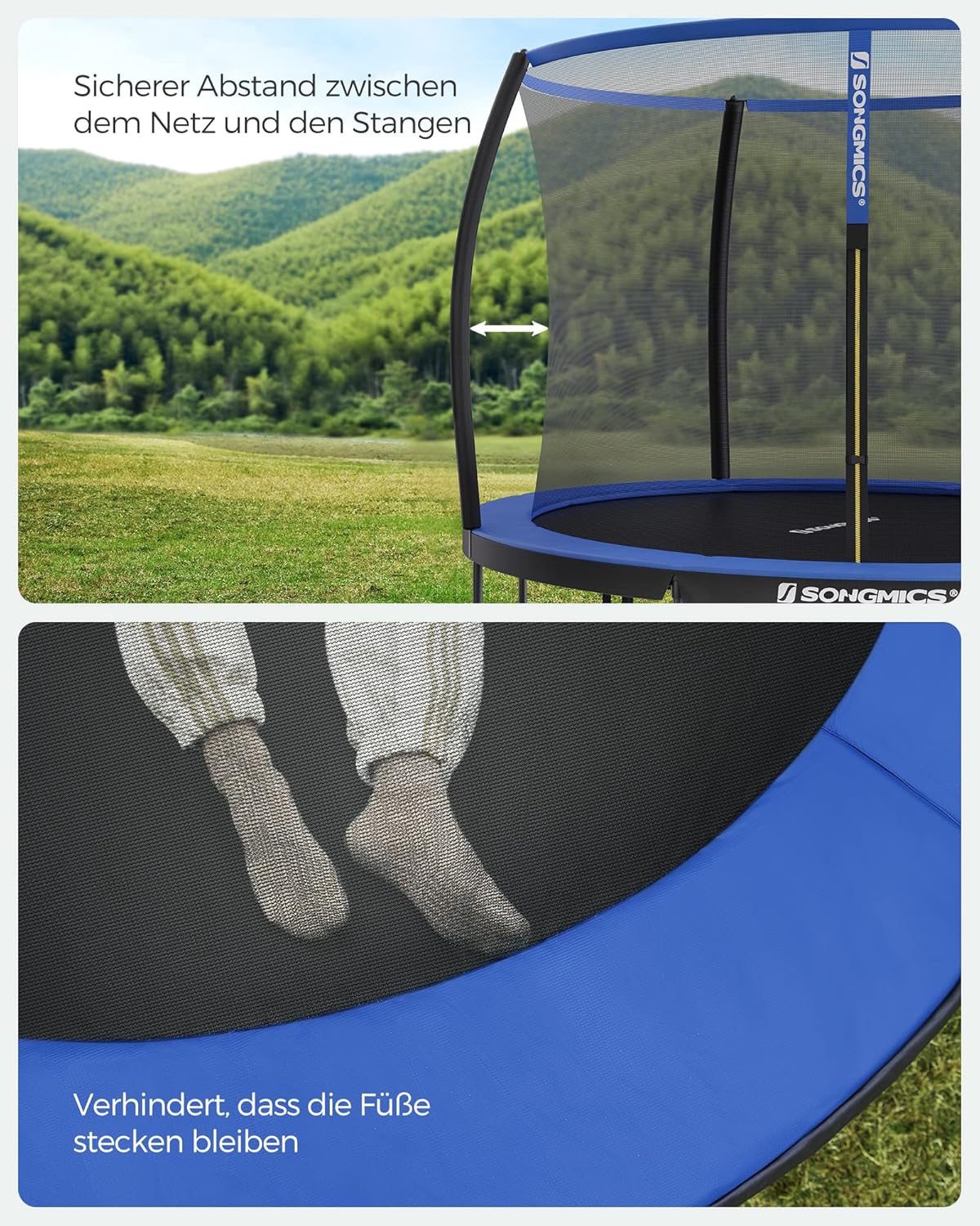 SONGMICS Trampolin Outdoor Ø 305 cm, rundes Gartentrampolin für Kinder mit Sicherheitsnetz, Randabdeckung, Leiter und gepolsterten Stangen