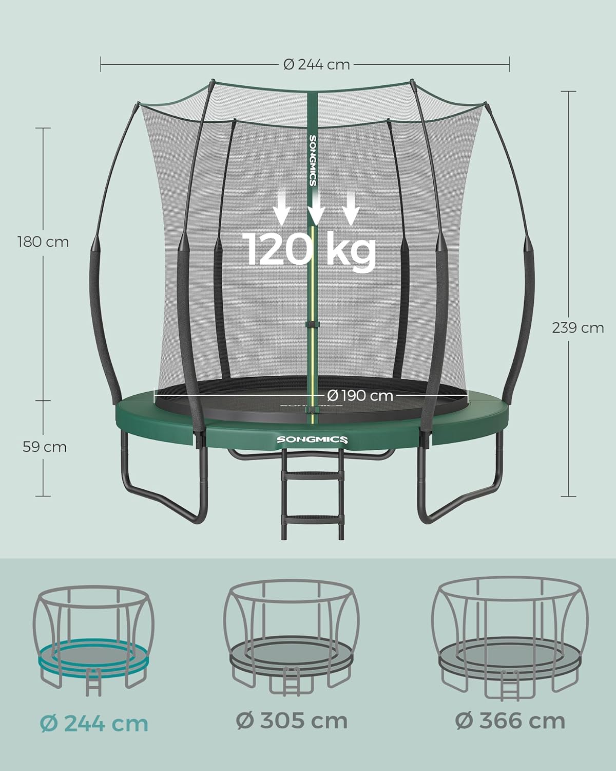 SONGMICS Federloses Trampolin Ø 244 cm, Trampolin Outdoor für Kinder, elastische Seile, Sicherheitsnetz mit Reißverschluss, Glasfaserstangen, sicher, geräuscharm