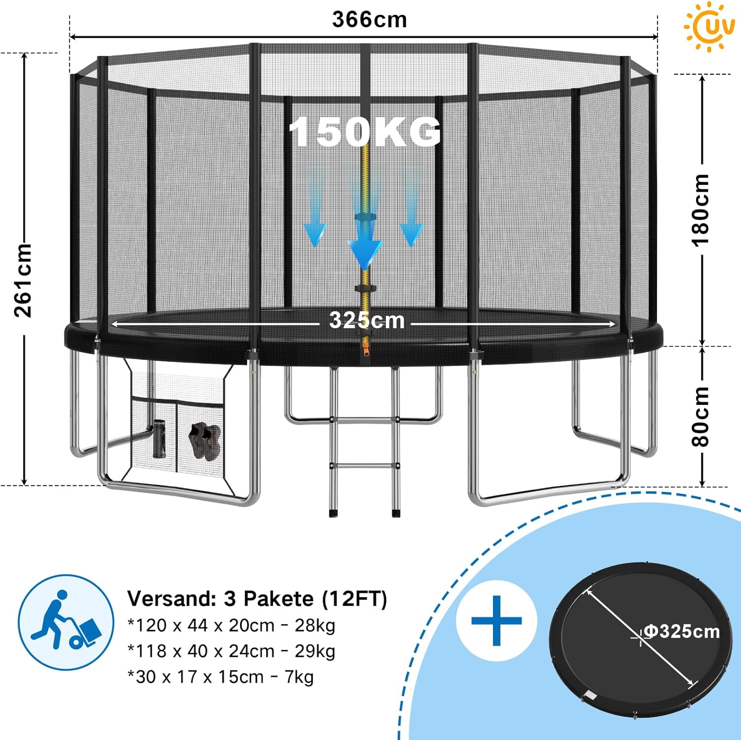 Devoko Trampolin Outdoor Ø 366 cm Indoor Trampolin Kinder Gartentrampoline, Komplettset mit Schuhnetz, Leiter, Randabdeckung, Sicherheitsnetz, Belastbarkeit 150 kg