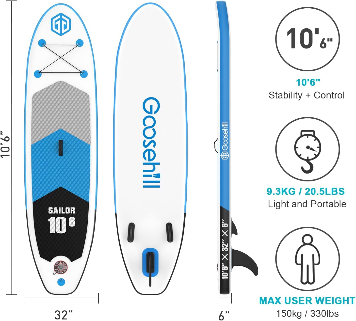Goosehill Inflatable Stand Up Paddle Board, Premium SUP Package, 10' Long 32