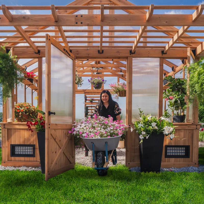 Backyard Discovery Bellerose XL 13' x 11' Cedar Wood and Polycarbonate Walk-In Outdoor Greenhouse Kit with Pergola