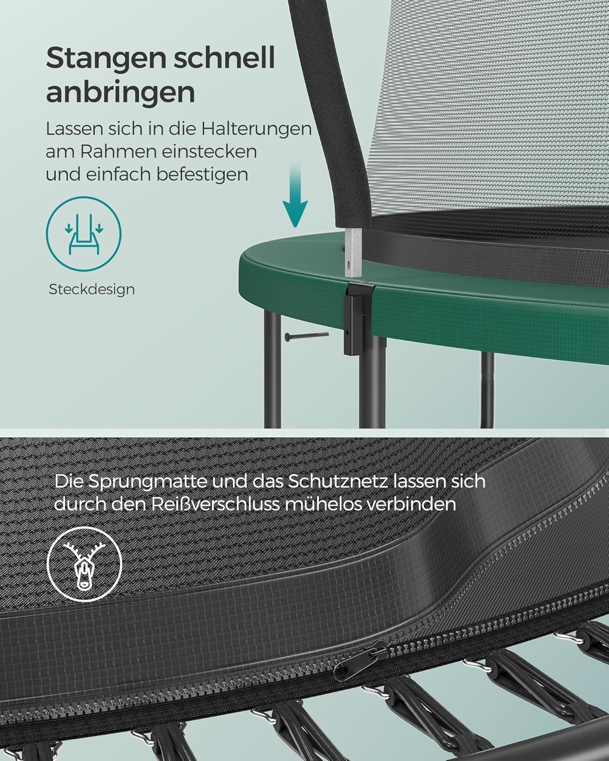 SONGMICS Federloses Trampolin Ø 244 cm, Trampolin Outdoor für Kinder, elastische Seile, Sicherheitsnetz mit Reißverschluss, Glasfaserstangen, sicher, geräuscharm