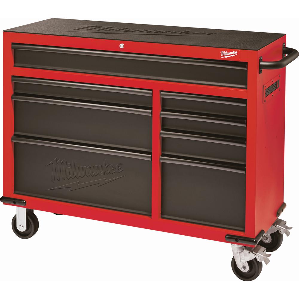 46 In. 16-Drawer Steel Tool Chest And Rolling Cabinet Set, Textured Red And Black Matte