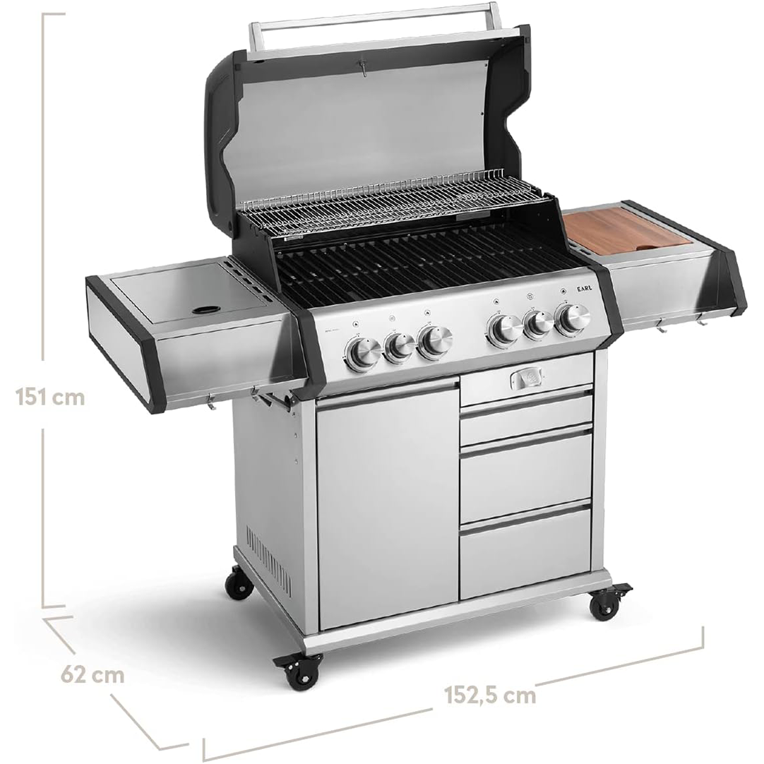 BURNHARD 4-Burner Gas Grill Earl, 23 kW Stainless Steel Grill Cart with Rear Burner, 900°C Ceramic Burner, Cast Iron Grill Grate, Drawers Includes Cover