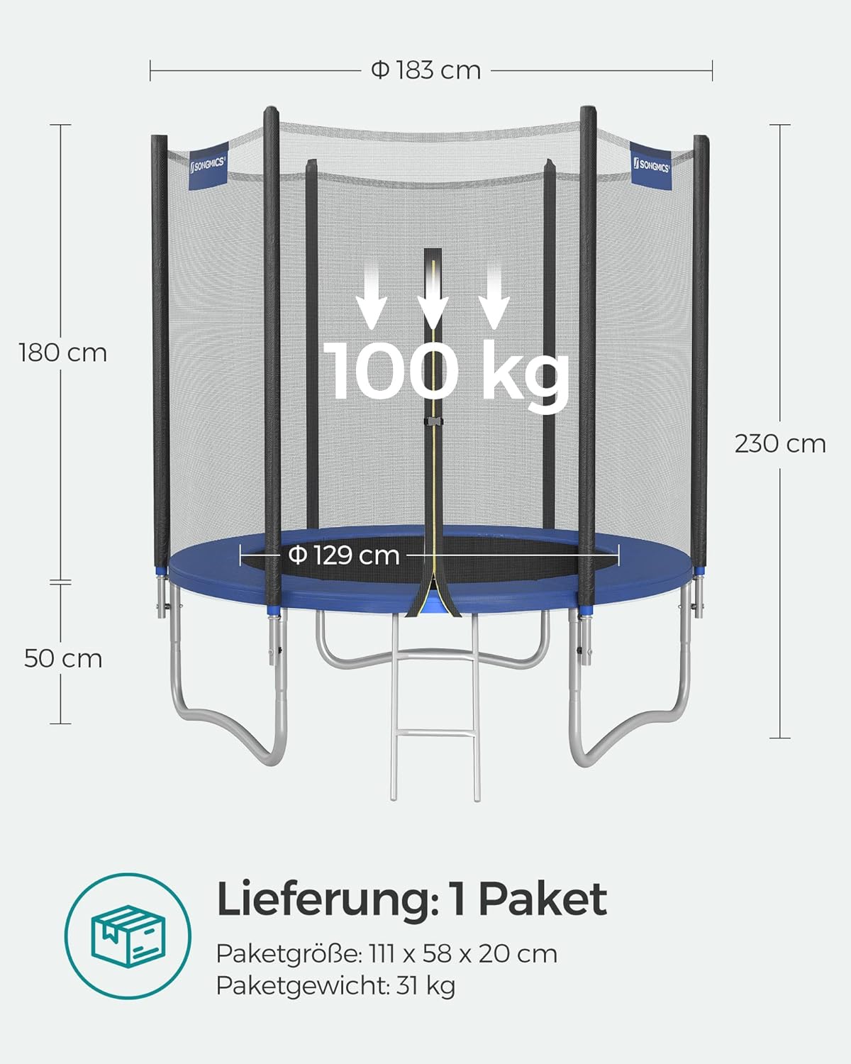 SONGMICS Trampolin Outdoor Ø 183cm, rundes Gartentrampolin mit Randabdeckung, mit Sicherheitsnetz, mit Leiter und gepolsterten Stangen