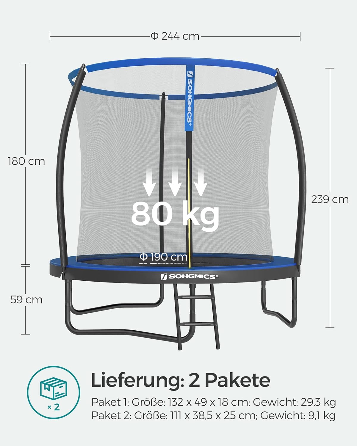 SONGMICS Trampolin Outdoor Ø 244 cm, rundes Gartentrampolin für Kinder mit Sicherheitsnetz, Randabdeckung, Leiter und gepolsterten Stangen