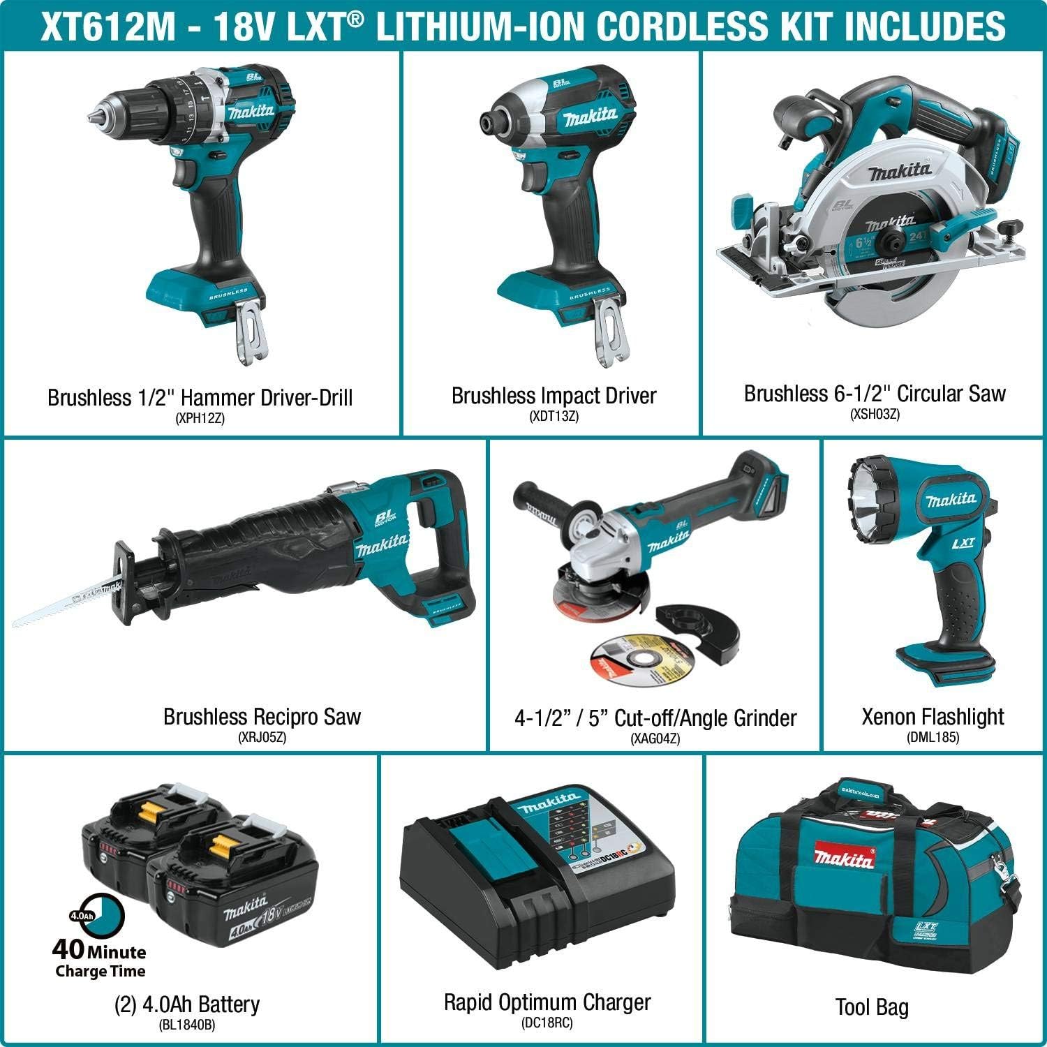 Makita XT612M 18V LXT Lithium-Ion Brushless Cordless 6-Pc. Combo Kit