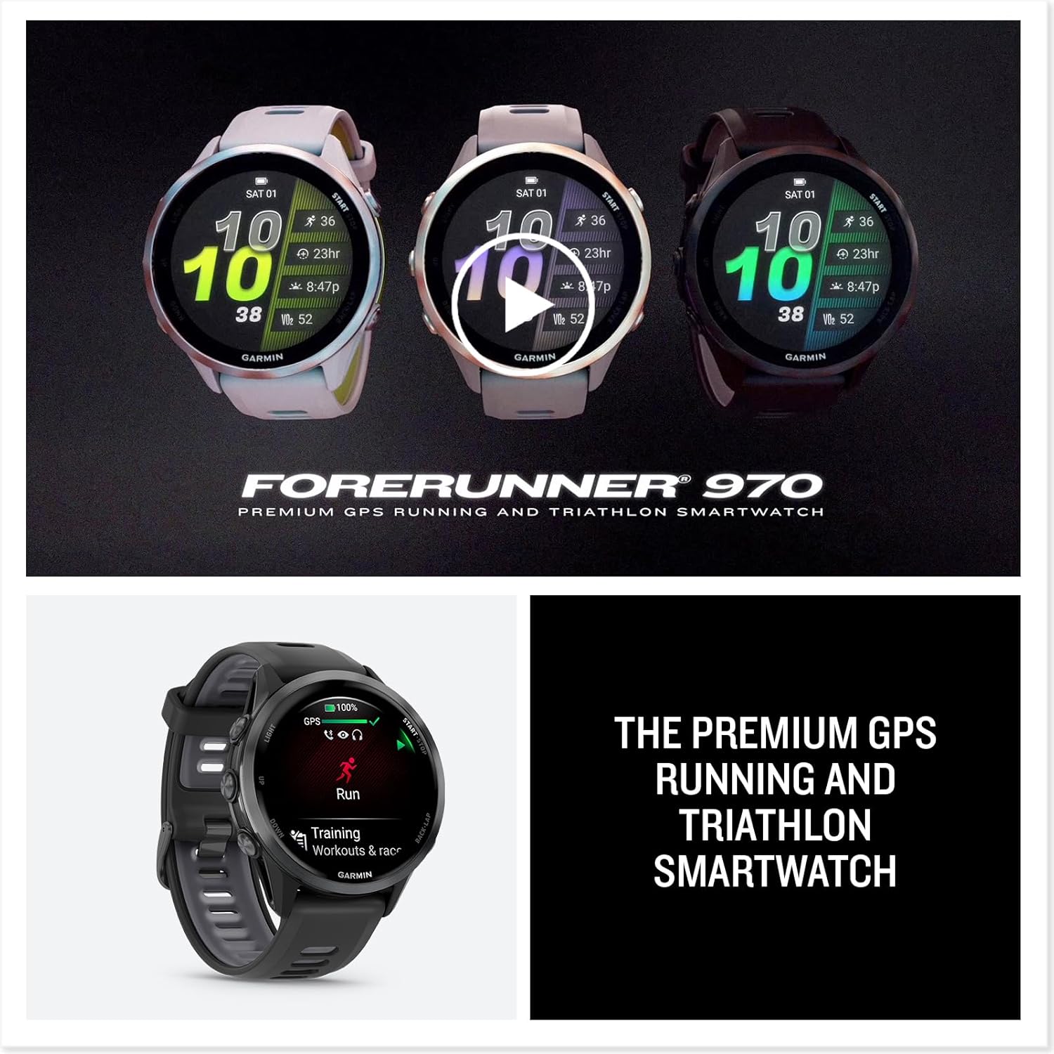 Garmin® Forerunner® 970, Premium GPS Running and Triathlon Smartwatch, AMOLED Display, Built-in LED Flashlight, Soft Gold Titanium with French Gray Case and French Gray/Translucent Indigo Band