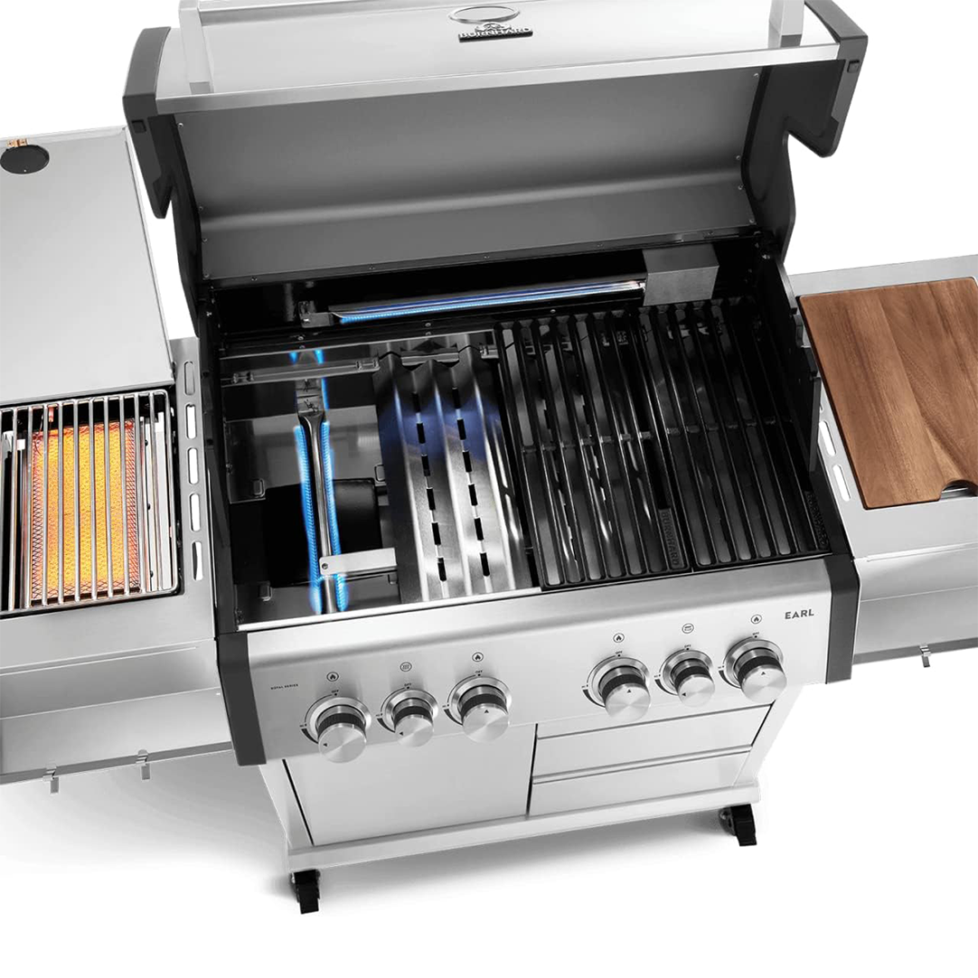 BURNHARD 4-Burner Gas Grill Earl, 23 kW Stainless Steel Grill Cart with Rear Burner, 900°C Ceramic Burner, Cast Iron Grill Grate, Drawers Includes Cover