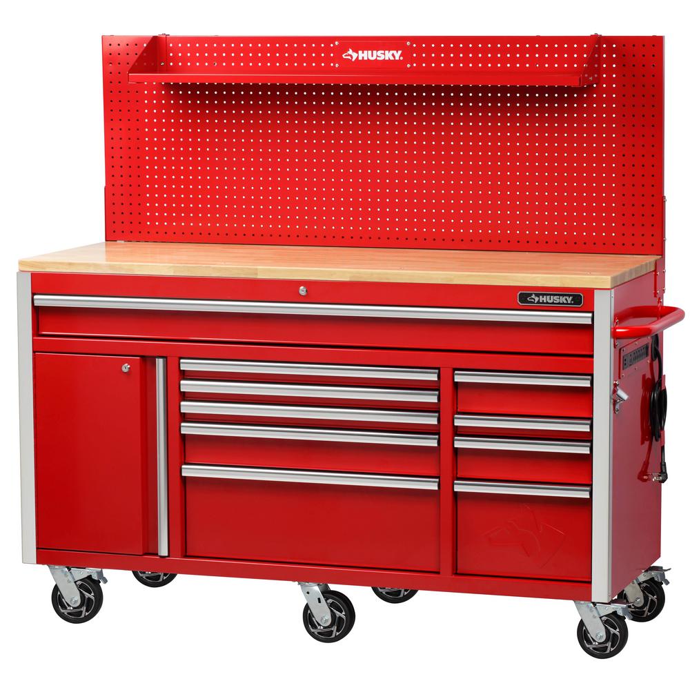 Heavy-Duty 61 In. W 10-Drawer, Deep 1-Door Tool Chest Mobile Workbench In Gloss Red With Flip-Up Pegboard