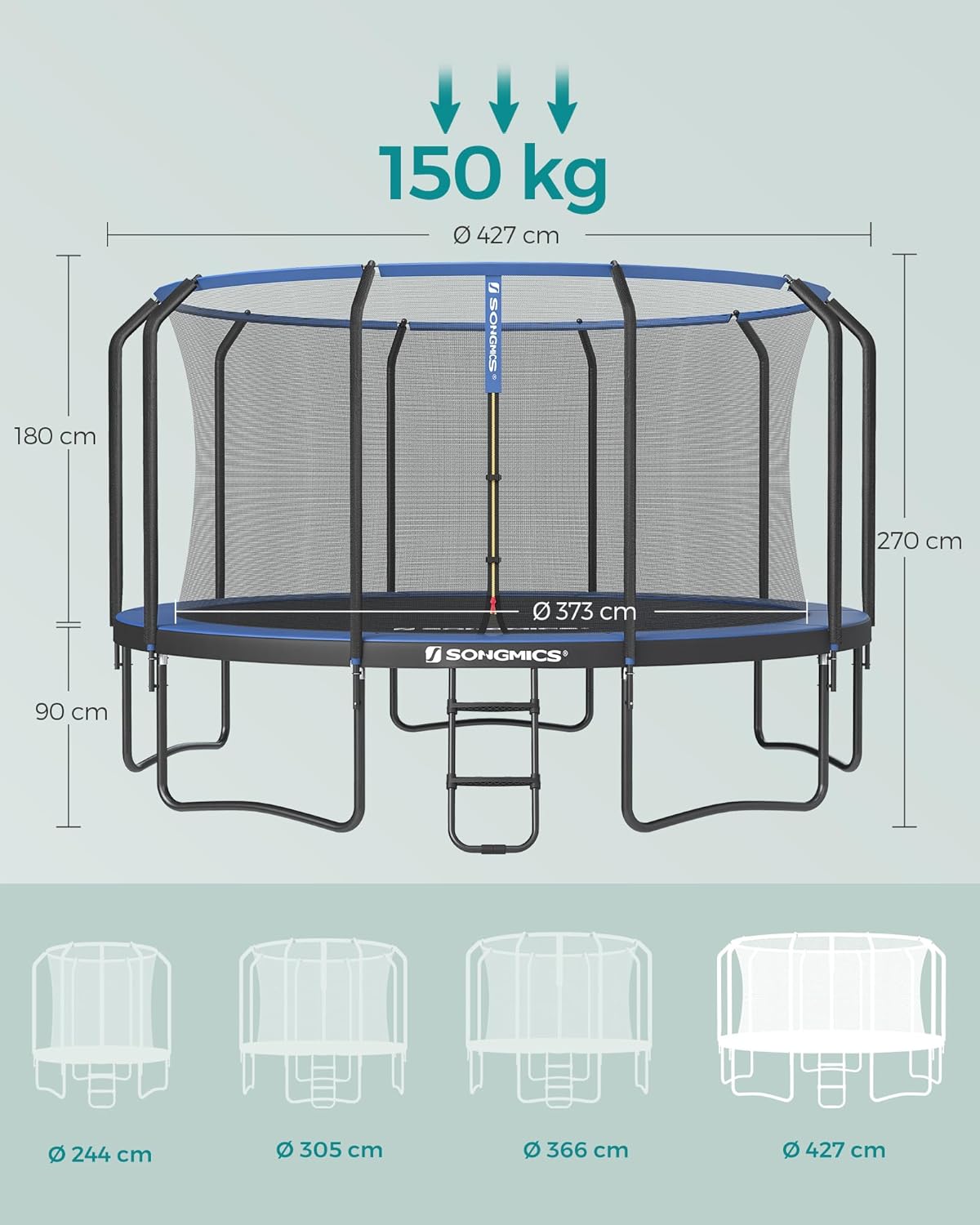 SONGMICS Trampolin Outdoor Ø 427 cm, rundes Gartentrampolin mit Sicherheitsnetz und Leiter, Randabdeckung, gepolstertes Gestell, für Kinder