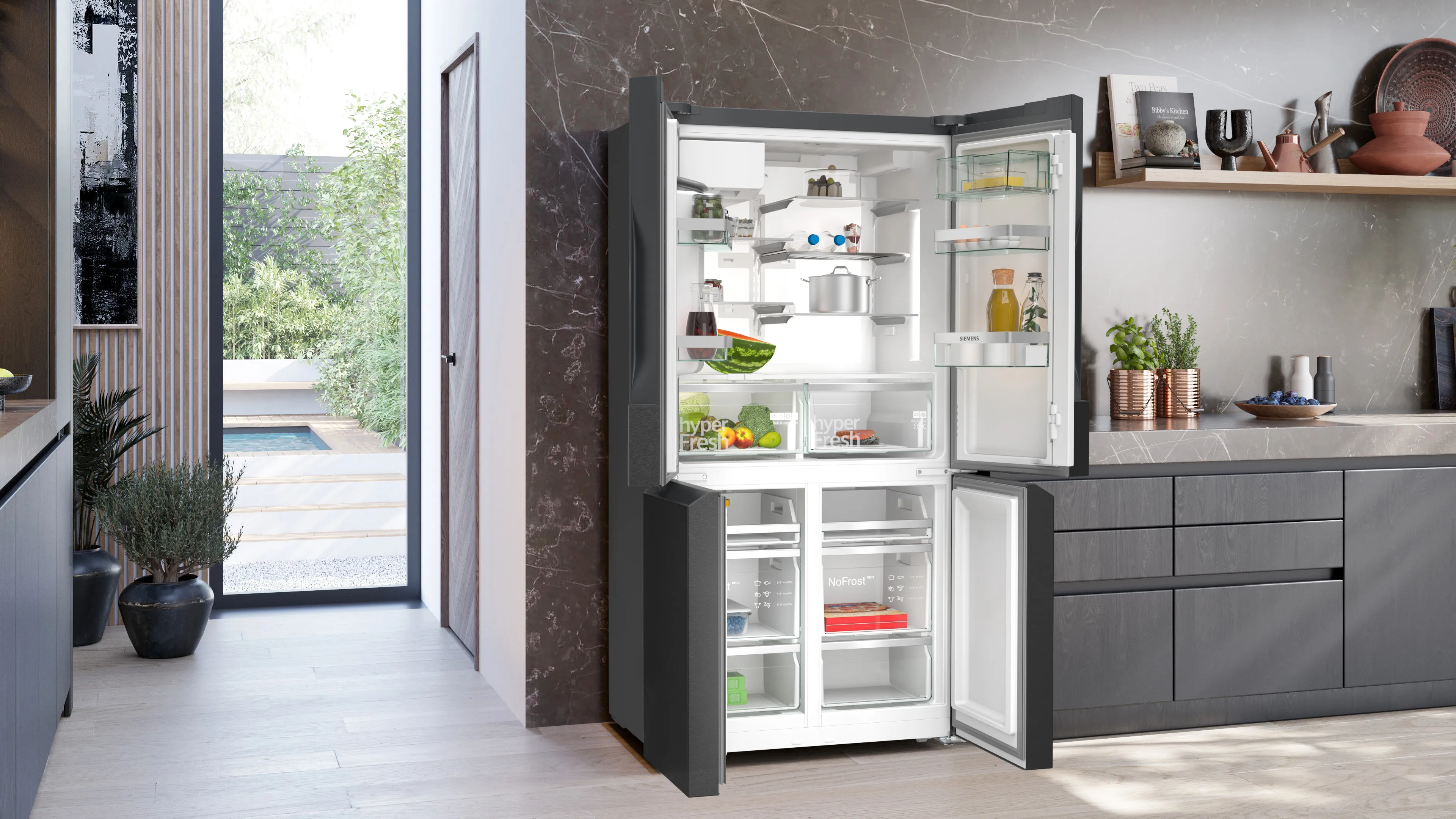 SIEMENS KF96DPXEA iQ700 French door bottom freezer, multi door 183 x 90.5 cm Brushed black steel antiFingerprint, Total noFrost