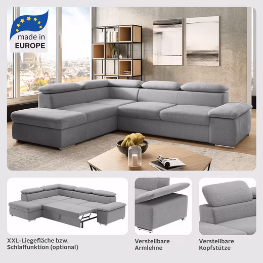 Valantine L-shaped corner sofa   (Luxury microfiber ALTARA NUBUCK® with bed function)