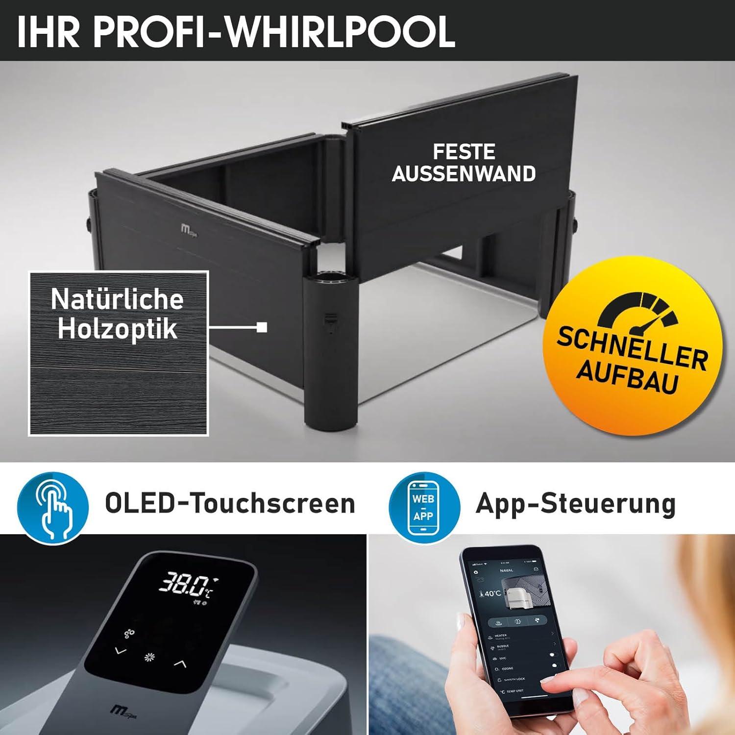 BRAST® Whirlpool MSpa Oslo Plus XXL with Fixed Outer Wall LED Lighting 20 Adjustable Colours for 6 People 180 x 180 x 65 cm