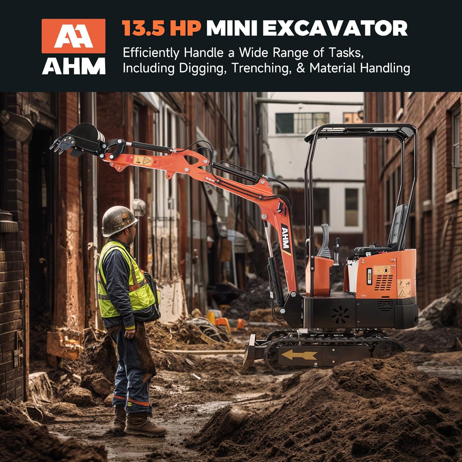 AHM Mini Excavator, 1 Ton Mini Digger with Hammer Auger Log Grapple Quick Hitch Grading Bucket & Rake Included, 13.5 hp Small Crawler Machine with Rain Canopy for Home Garden Farm Park Roadway Digging