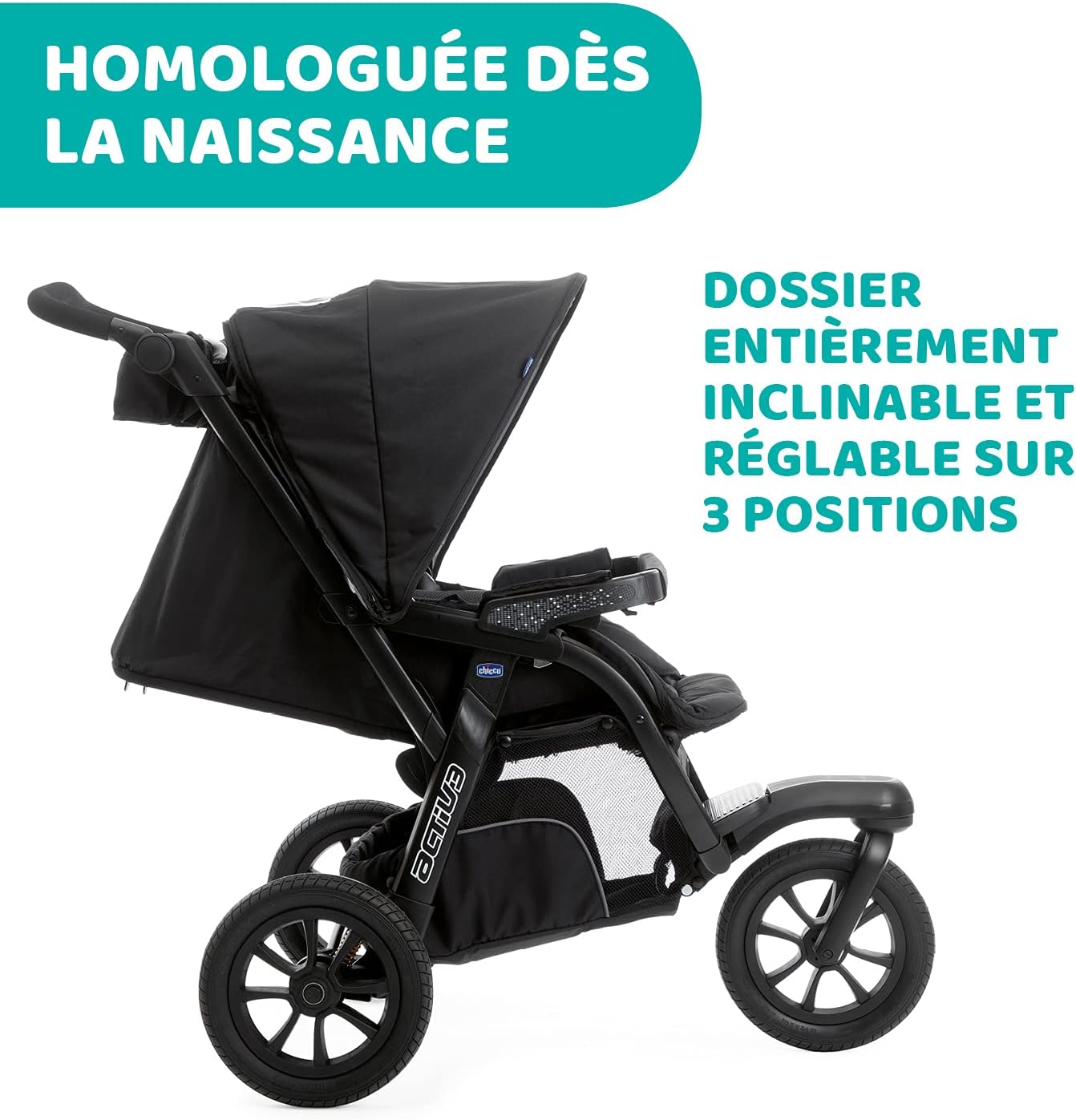 Chicco Trio Activ3 3 in 1 Stroller with Car Travel Set, 3-Wheel Reclining Cane, Pram/Carrycot and Baby Car Seat Group 0+, with Folding and Compact Closure - Black