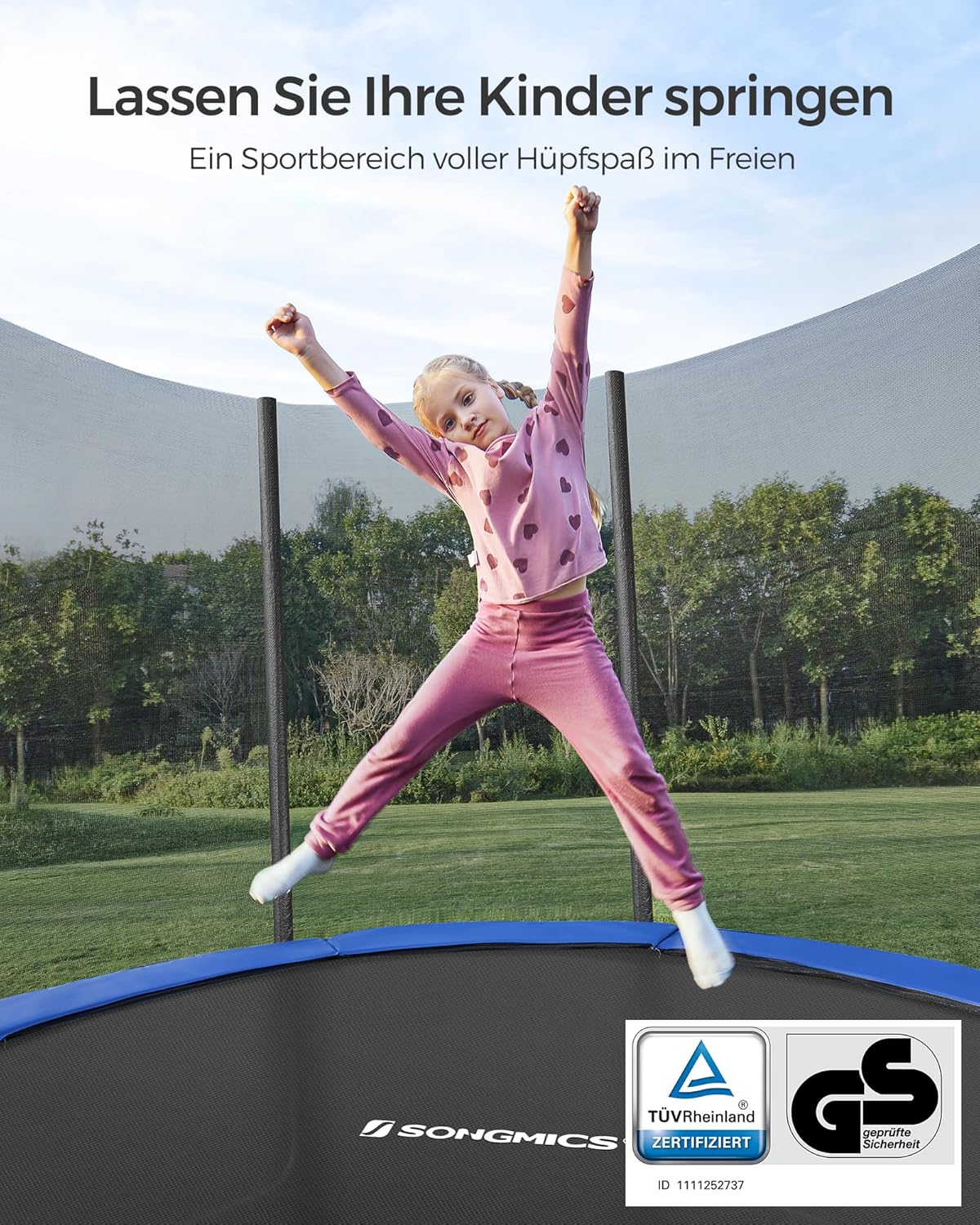SONGMICS Trampolin Outdoor Ø 305 cm, rundes Gartentrampolin mit Randabdeckung, mit Sicherheitsnetz, mit Leiter und gepolsterten Stangen