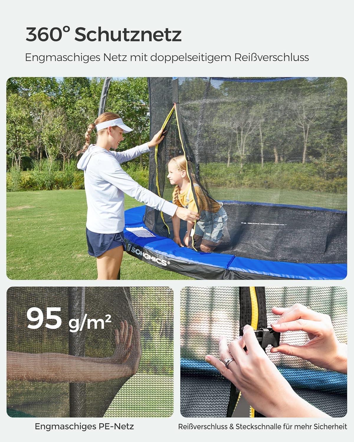 SONGMICS Trampolin Outdoor Ø 305 cm, rundes Gartentrampolin für Kinder mit Sicherheitsnetz, Randabdeckung, Leiter und gepolsterten Stangen