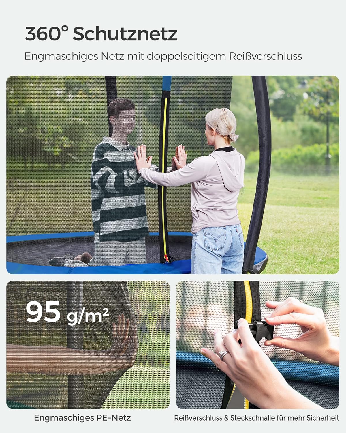 SONGMICS Trampolin Outdoor Ø 244 cm, rundes Gartentrampolin für Kinder mit Sicherheitsnetz, Randabdeckung, Leiter und gepolsterten Stangen