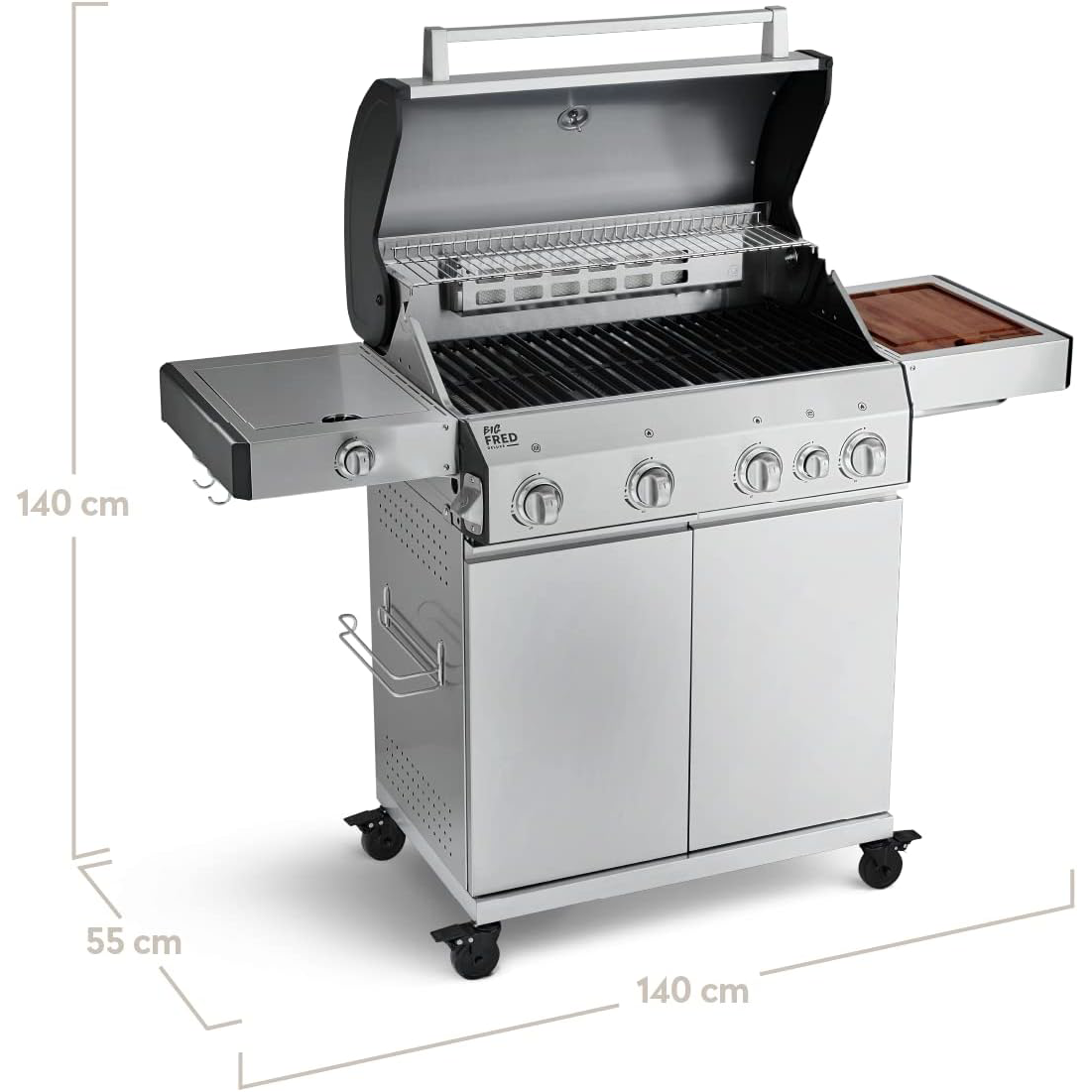 BURNHARD Big Fred Deluxe 4-Burner Gas Barbecue with Backburner, 900 °C Infrared Ceramic Burner, Side Hob, Cast Iron Cooking Grate, Grill Cover, Stainless Steel Grill Trolley + Folding Side Tables
