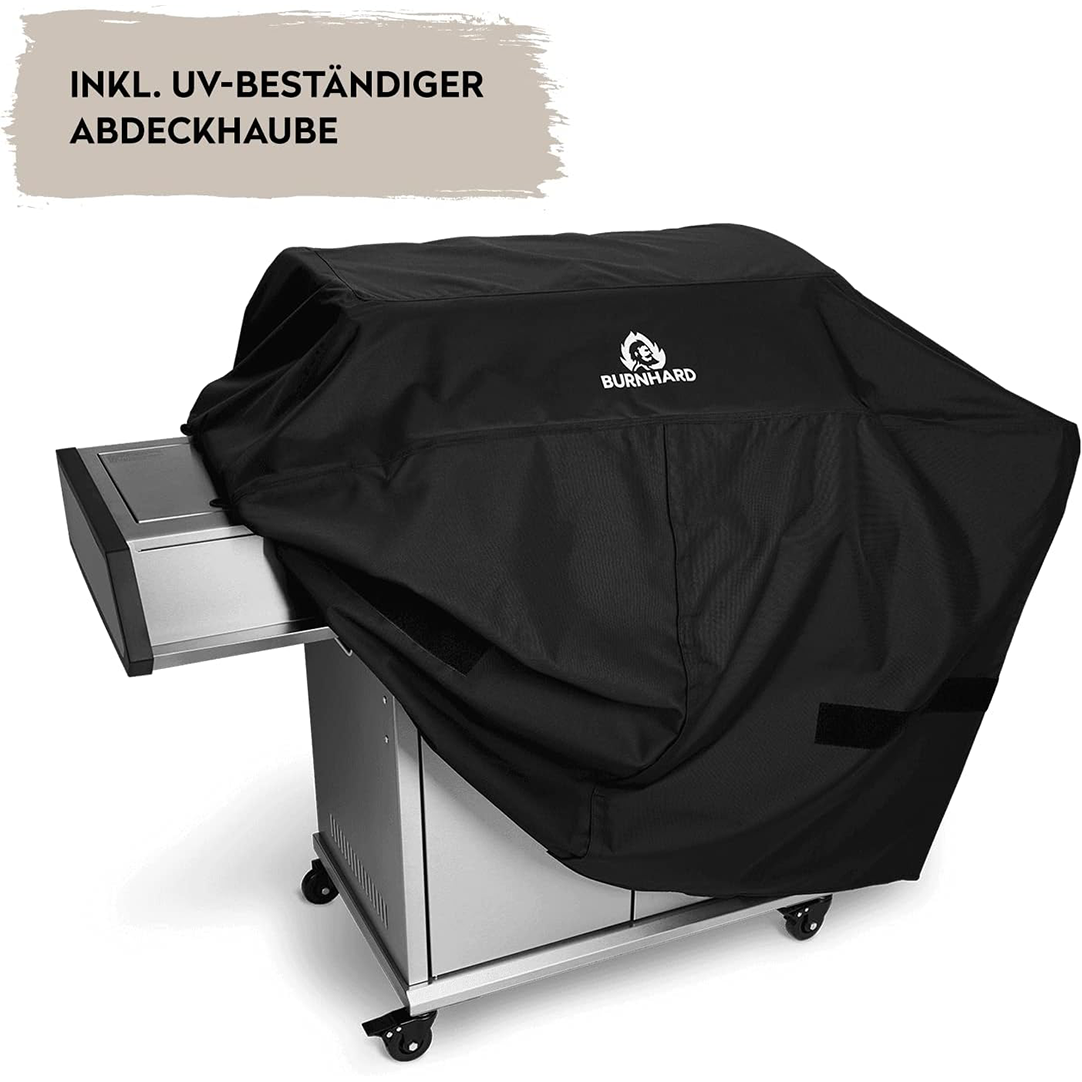 BURNHARD 4-Burner Gas Grill Earl, 23 kW Stainless Steel Grill Cart with Rear Burner, 900°C Ceramic Burner, Cast Iron Grill Grate, Drawers Includes Cover