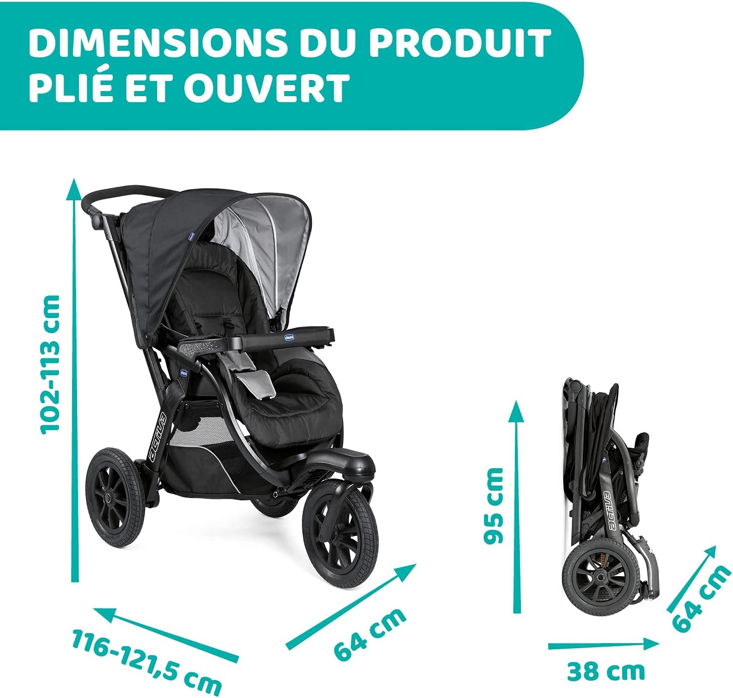 Chicco Trio Activ3 3 in 1 Stroller with Car Travel Set, 3-Wheel Reclining Cane, Pram/Carrycot and Baby Car Seat Group 0+, with Folding and Compact Closure - Black