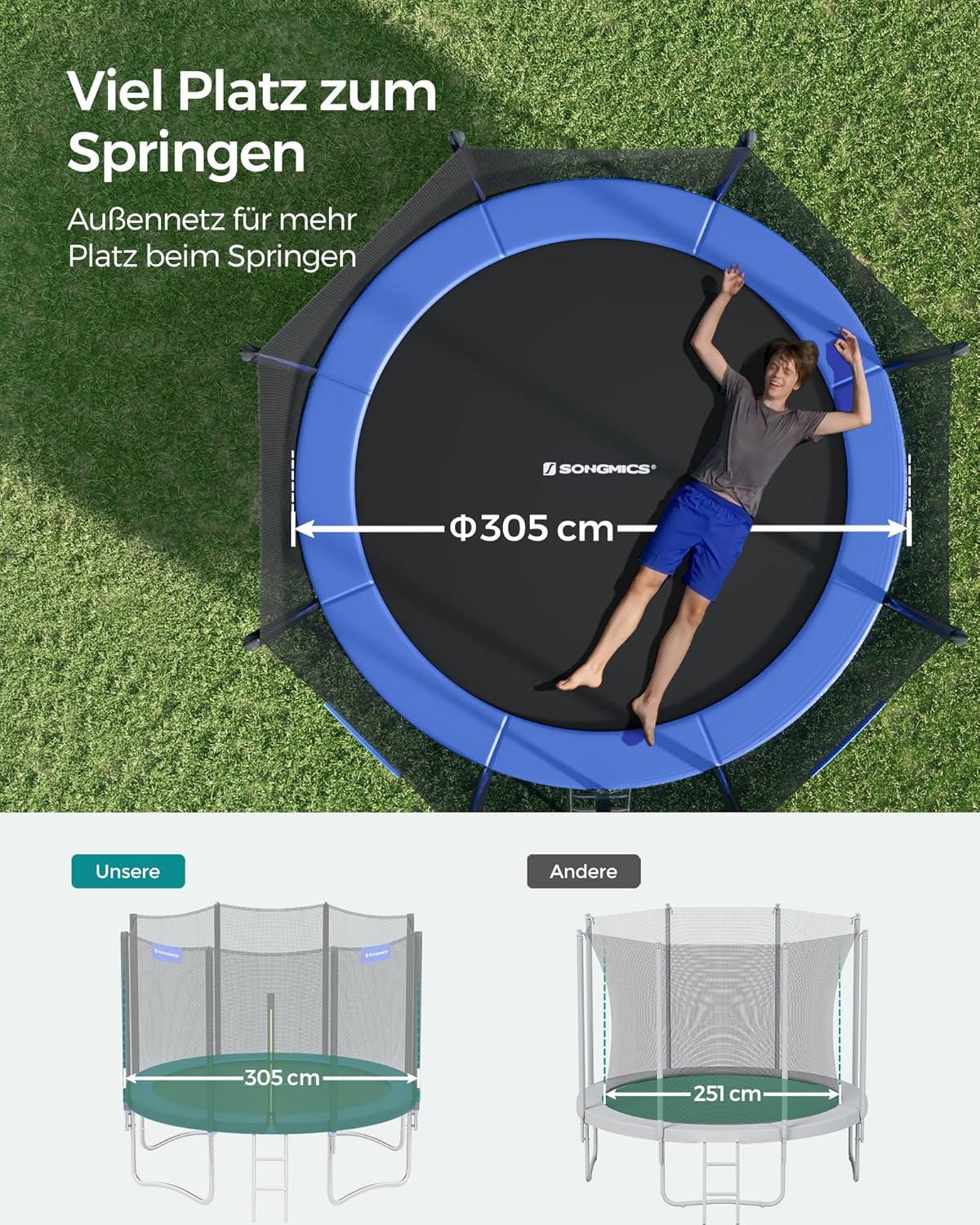 SONGMICS Trampolin Outdoor Ø 305 cm, rundes Gartentrampolin mit Randabdeckung, mit Sicherheitsnetz, mit Leiter und gepolsterten Stangen