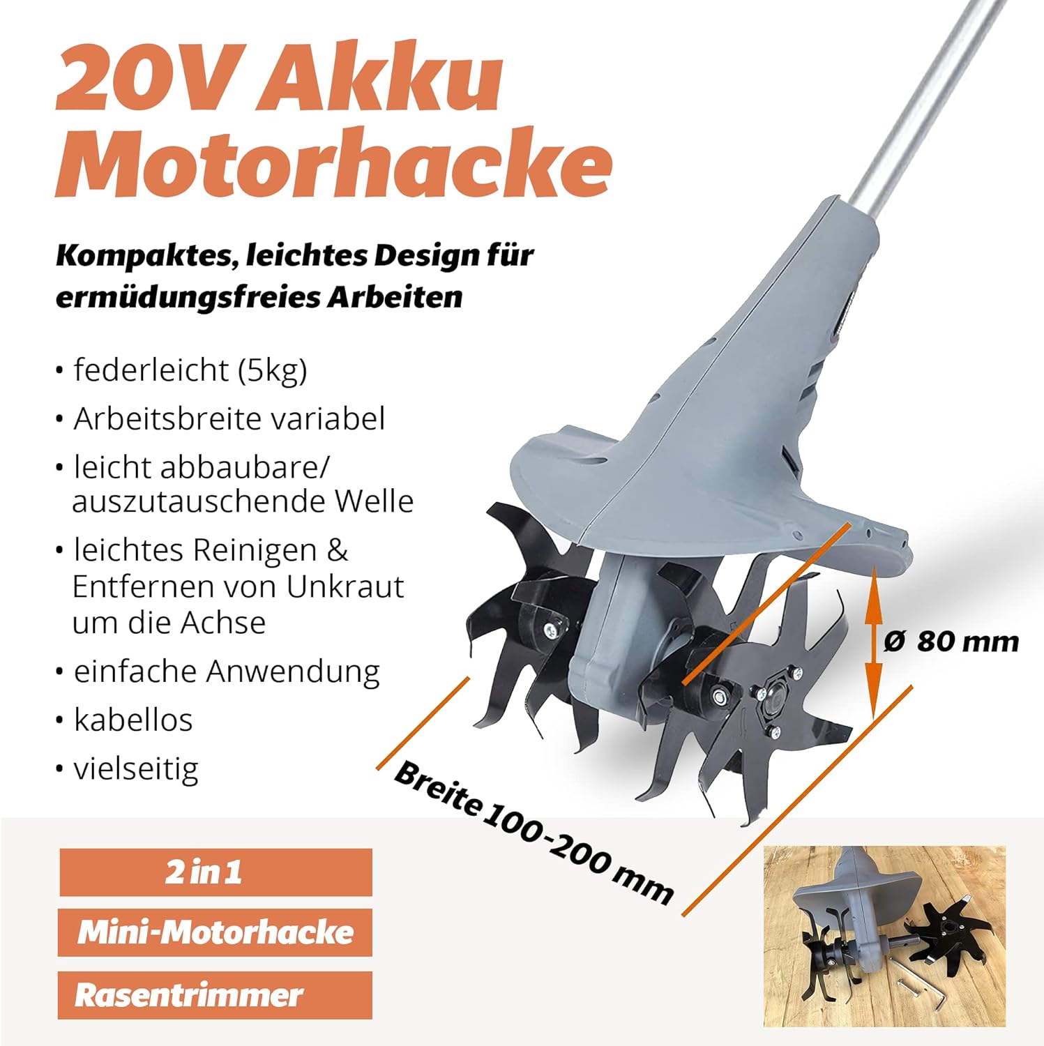 FANZTOOL 20 V Motor Hoe, Mini Tiller, Garden Hoe, Cultivator, 20 cm Working Width and Powerful 2.5 Ah Li-ion