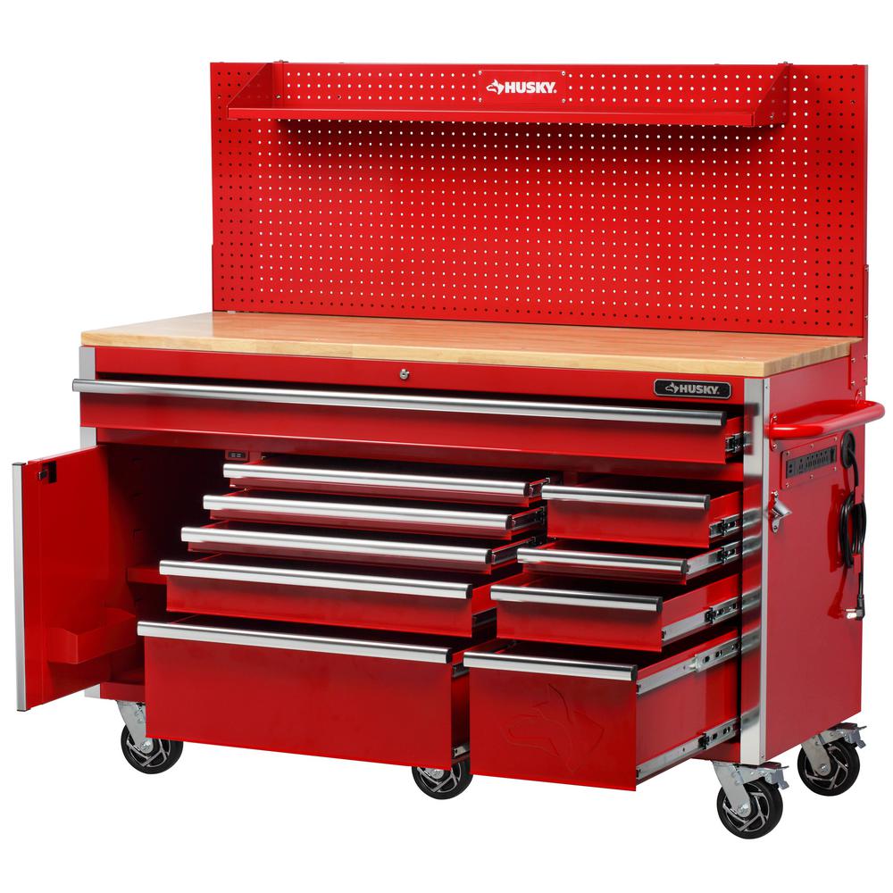Heavy-Duty 61 In. W 10-Drawer, Deep 1-Door Tool Chest Mobile Workbench In Gloss Red With Flip-Up Pegboard