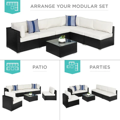 7-Piece Modular Wicker Sectional Conversation Set w/ 2 Pillows, Cover