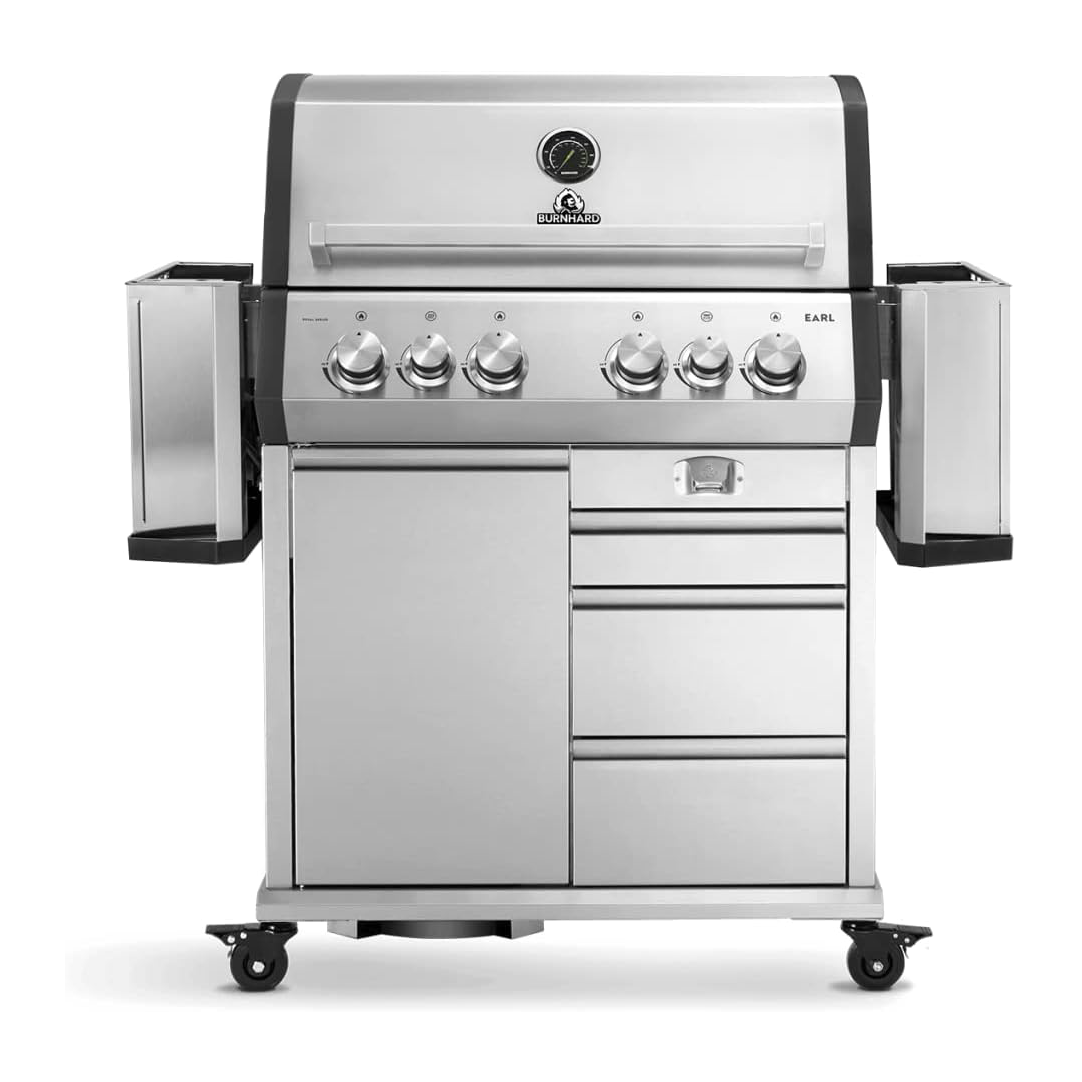 BURNHARD 4-Burner Gas Grill Earl, 23 kW Stainless Steel Grill Cart with Rear Burner, 900°C Ceramic Burner, Cast Iron Grill Grate, Drawers Includes Cover