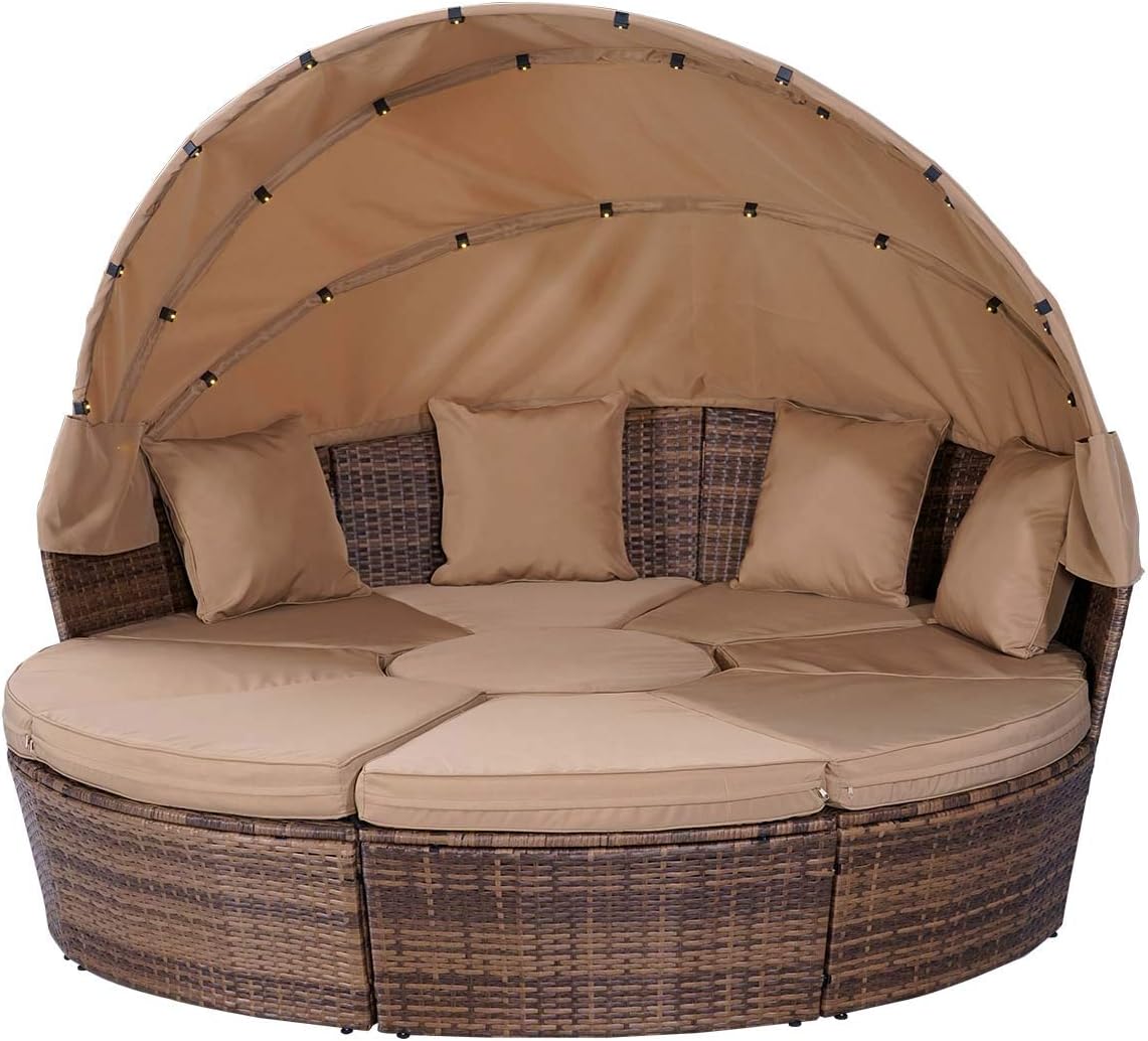 Brast Round Garden Sofa, Braided Polyrattan, in Grey, Black or Brown, 210 cm, with LED Lighting and Cover, Canopy, Foldable, Height-Adjustable, Garden Lounger