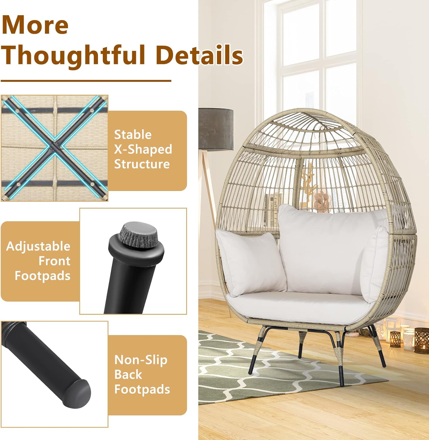 PE Rattan Egg Chair with 4 Padded Cushions, 180KG Load Capacity, Relaxing Chair with Metal Frame, Suitable for Living Room, Garden, Terrace, Patio, 110X82X145 CM