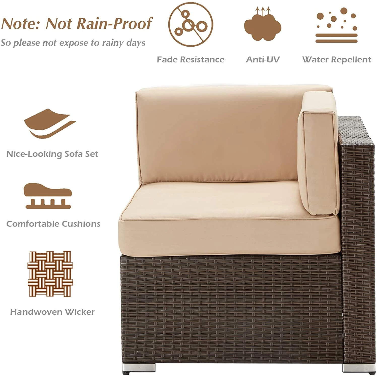 U-MAX 7 Piece Outdoor Patio Furniture Set, PE Rattan Wicker Sofa Set, Outdoor Sectional Furniture Chair Set with Khaki Cushions and Tea Table