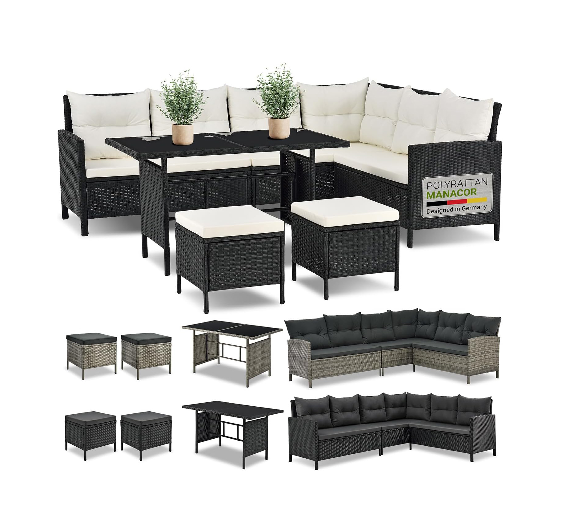 ArtLife Manacor Polyrattan Garden Furniture Set Lounge Black - 2 Cover Colours, black-creme
