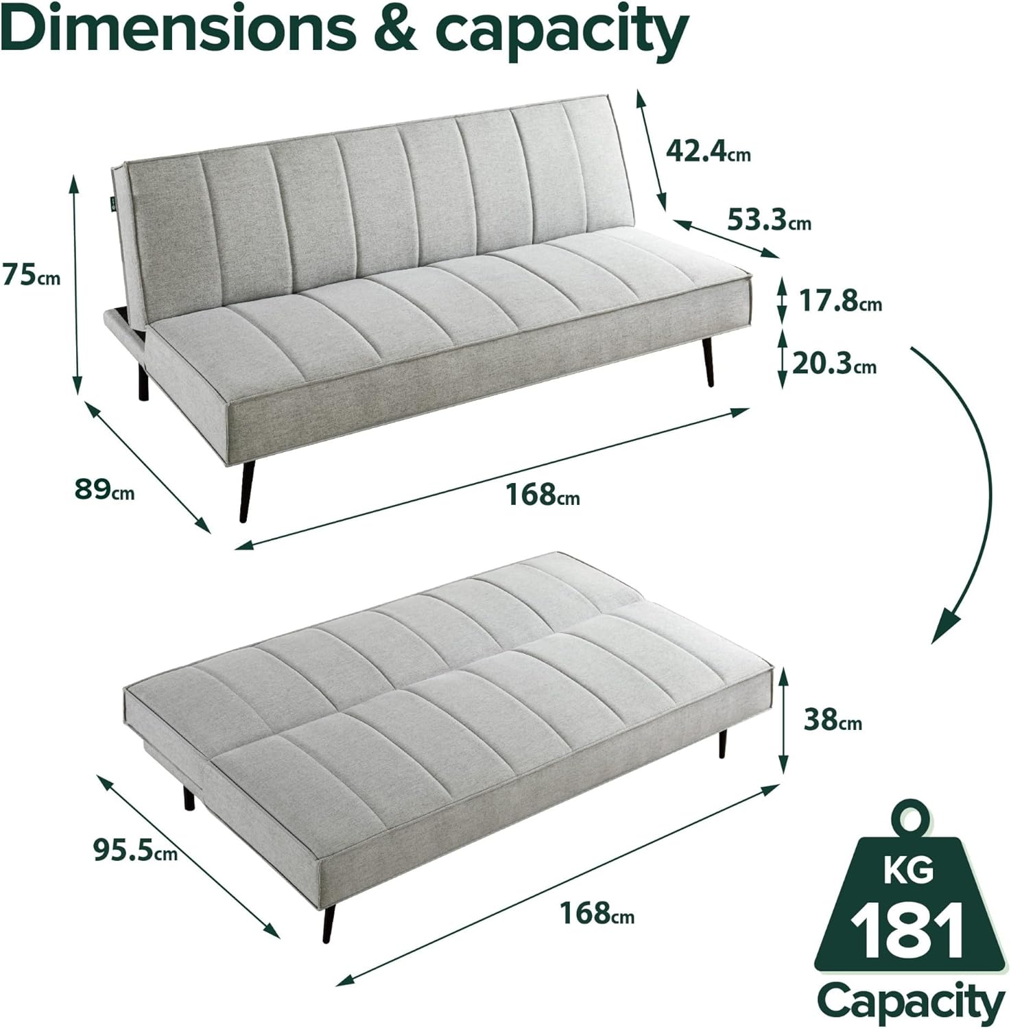 Zinus Quinn Clic Clac Sofa Bed - 2-in-1 Folding Sofa Bed - Suitable for Guest Rooms and Small Spaces
