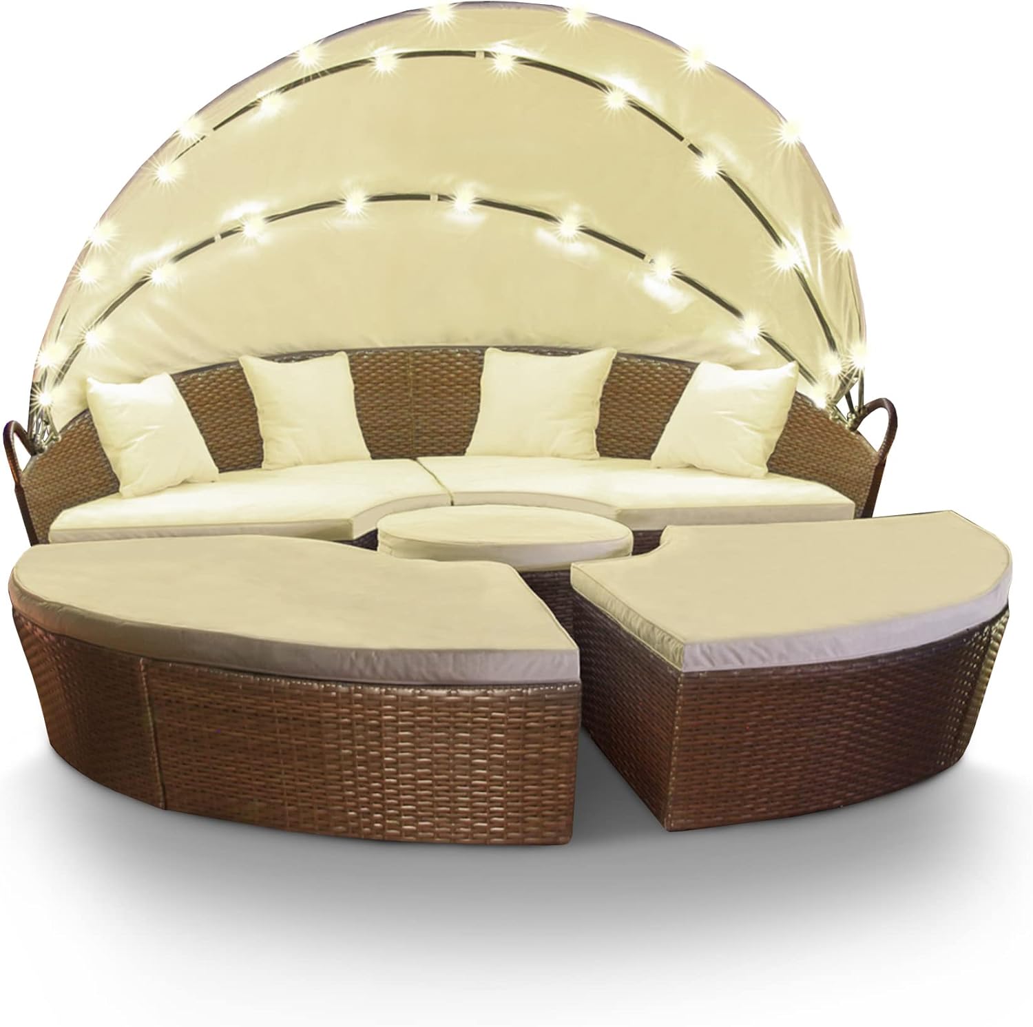 Polyrattan Sun Island with LED Lighting + Solar Module, Rattan Garden Lounger, Sun Bed with Rain Cover