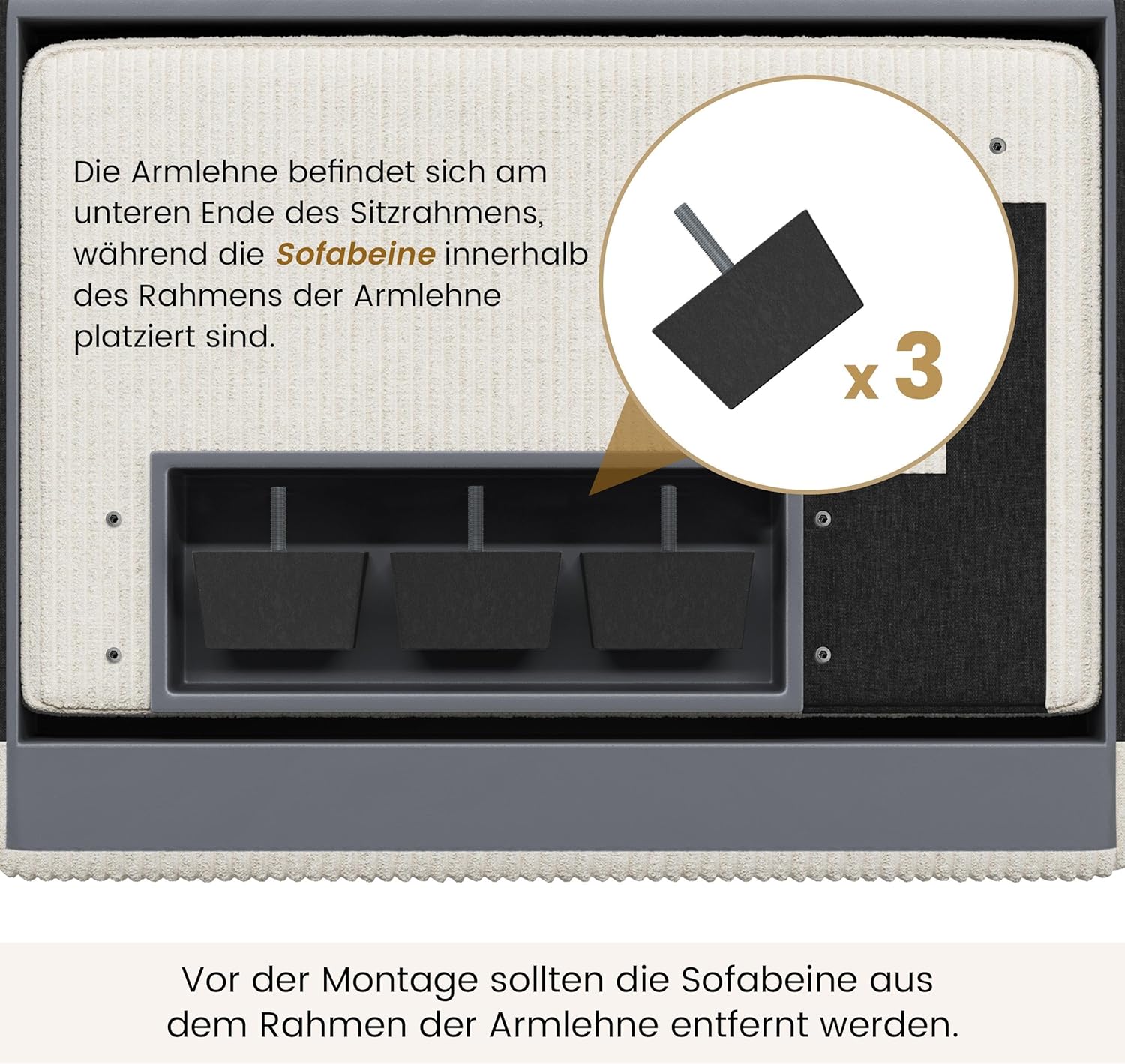 Yaheetech Sofa 212 x 81 cm Upholstered Corduroy Fabric Sofa with Removable Cushions and Backrests Couch with Wide Armrests for Living Room/Bedroom/Playroom, Ivory