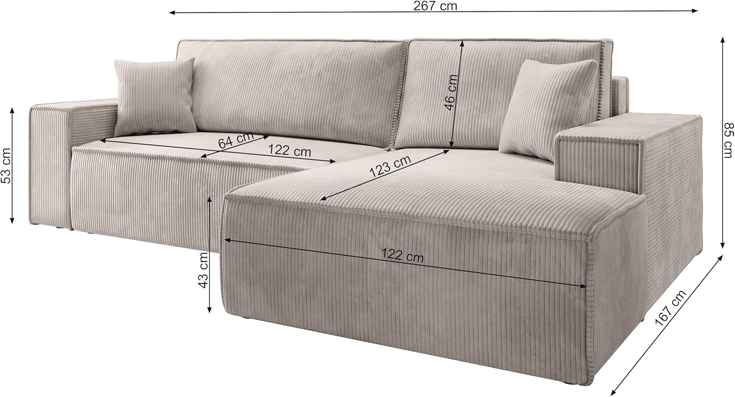 Selsey Sofa Corner Sofa Bed Couch with Storage Space Sleep Function Easy Care Polyurethane Foam L Shape Left Farese Beige Corduroy Look