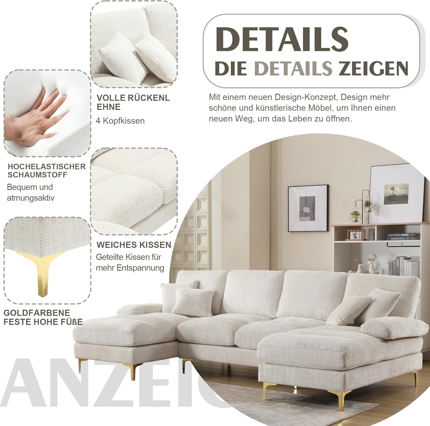 LIFEISLE U-Shape Sofa Couch with Chaise Longue, Large Sectional Sofa with Double Reclining Seats, 4 Seater Corner Sofa with Sleep Function for Living Room, Bedroom, Office, Home, Chenille Fabric