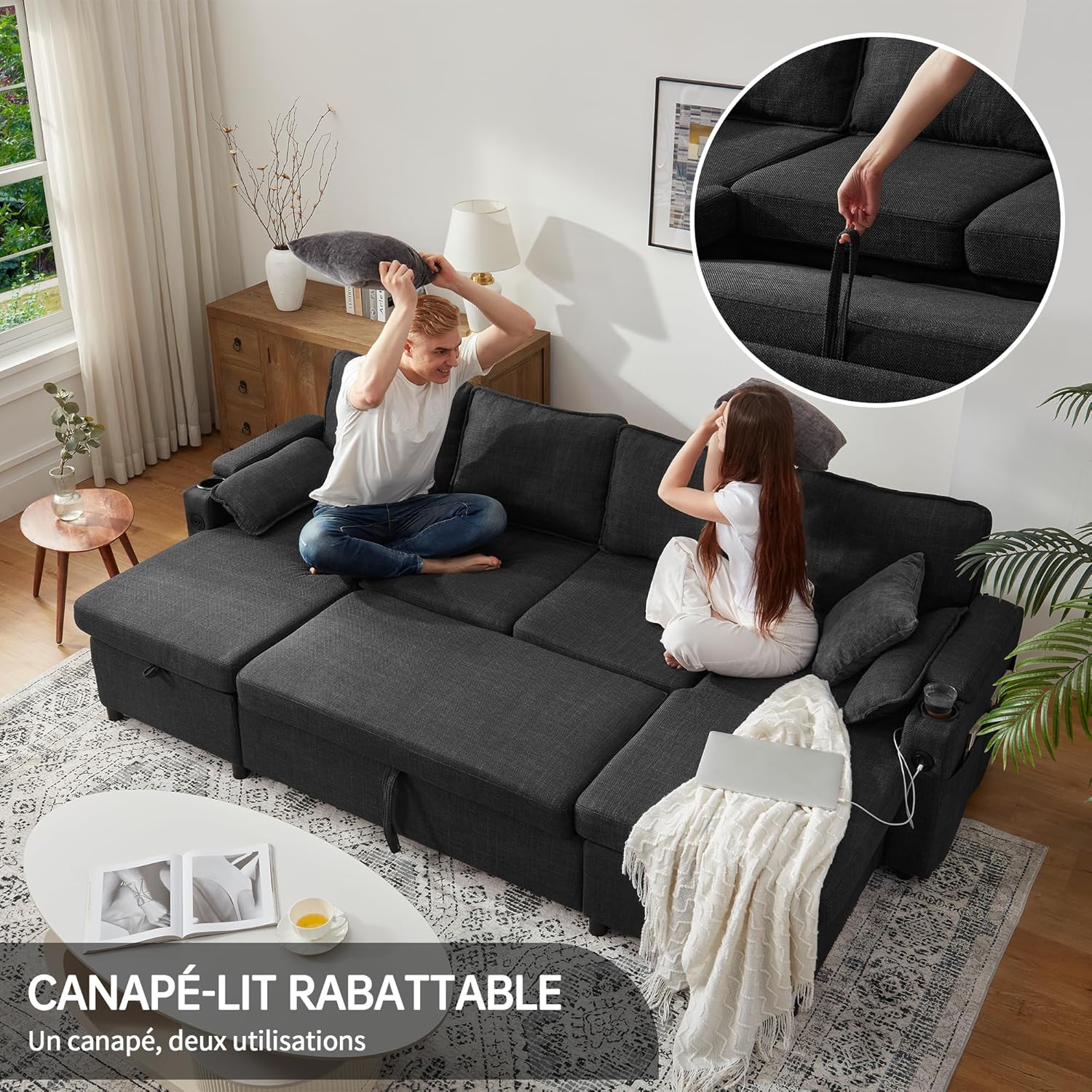 DURASPACE U-Shaped Sofa Bed, 4-Seater Sofa Bed with Storage Space, USB Port and Cup Holder